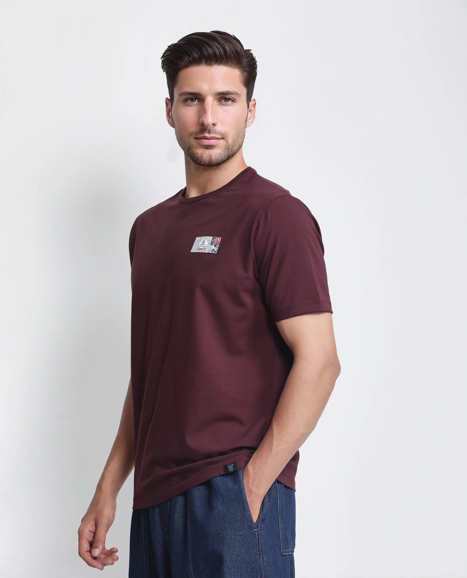 Rare Rabbit Men Saw Pastel Pastel Maroon Cotton Lycra Fabric Short Sleeve Crew Neck Slip-On Plain T-Shirt