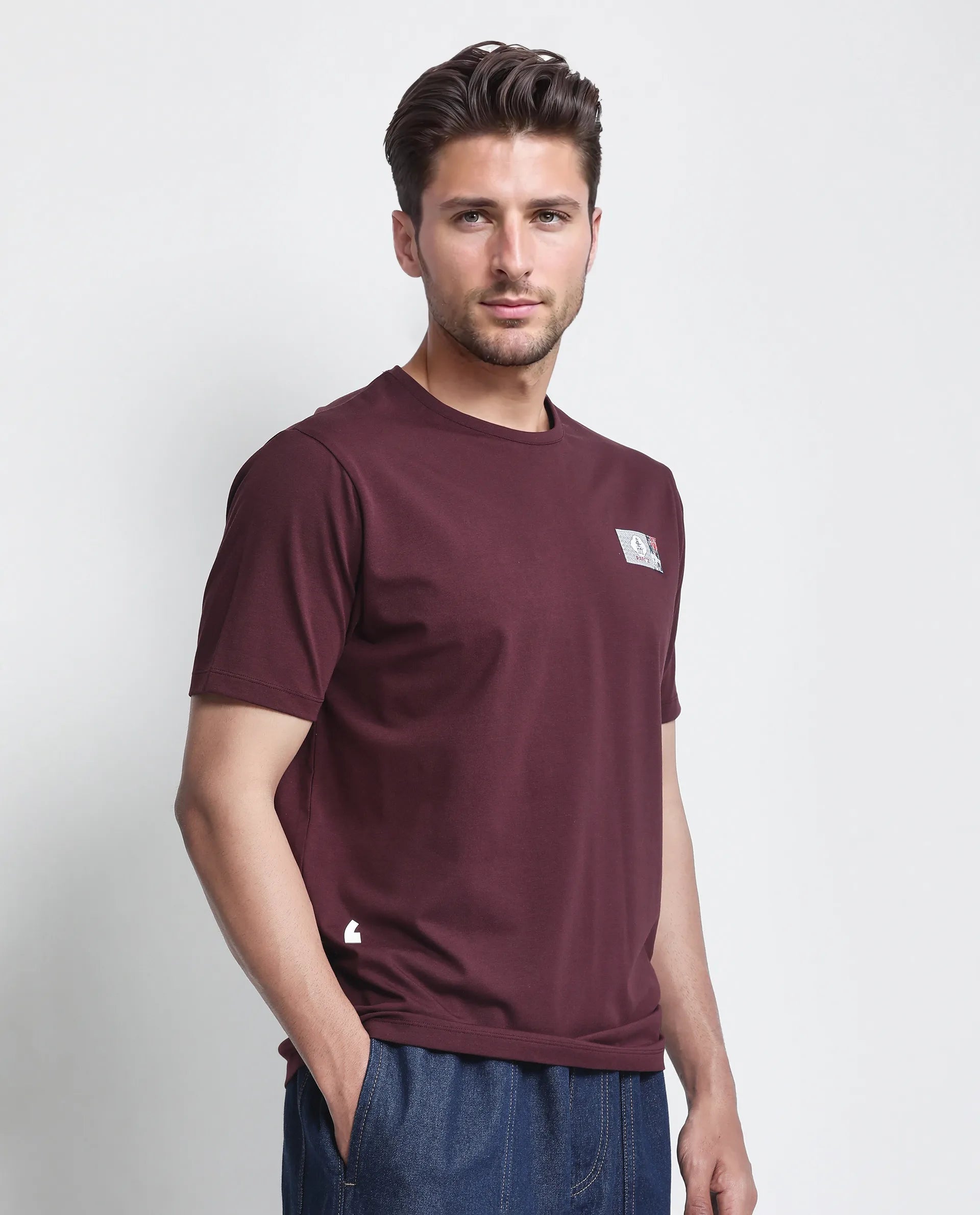 Rare Rabbit Men Saw Pastel Pastel Maroon Cotton Lycra Fabric Short Sleeve Crew Neck Slip-On Plain T-Shirt