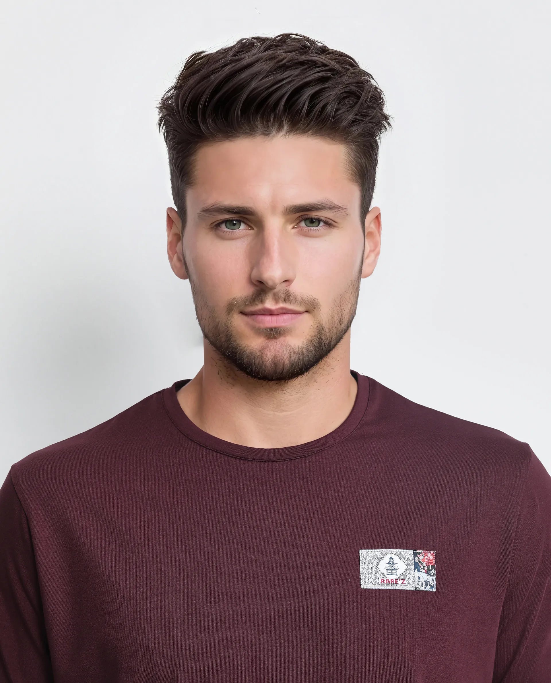 Rare Rabbit Men Saw Pastel Pastel Maroon Cotton Lycra Fabric Short Sleeve Crew Neck Slip-On Plain T-Shirt