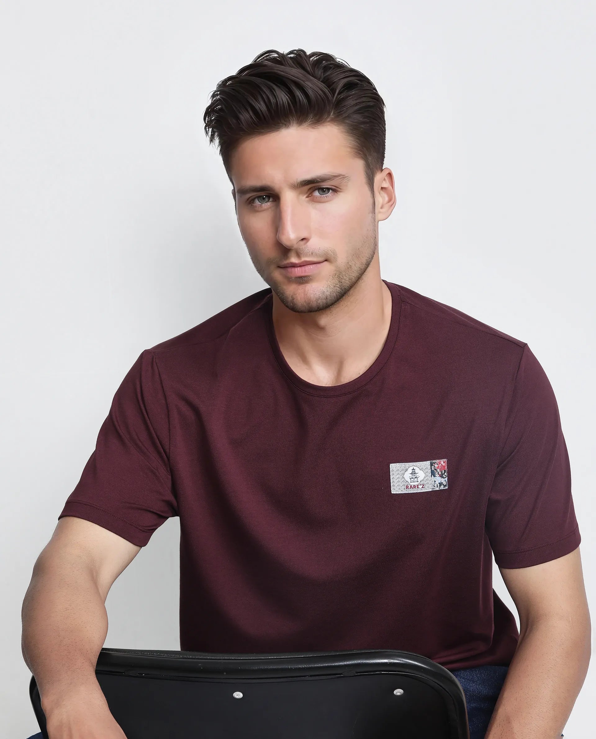 Rare Rabbit Men Saw Pastel Pastel Maroon Cotton Lycra Fabric Short Sleeve Crew Neck Slip-On Plain T-Shirt