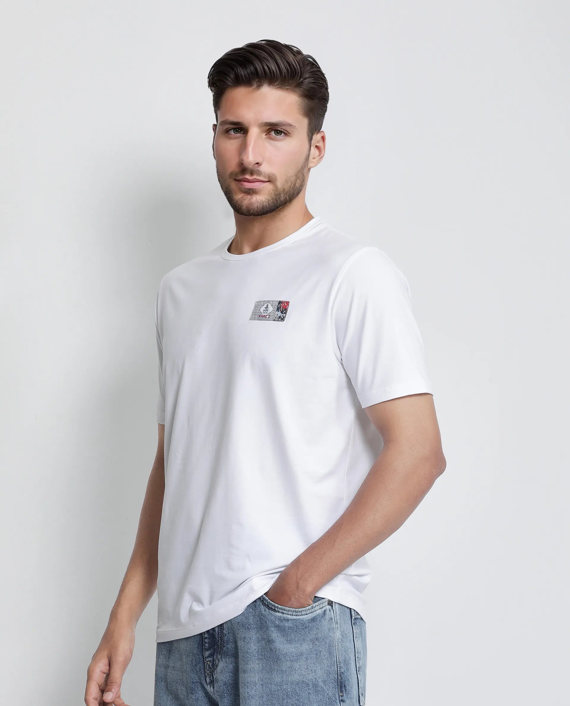 Rare Rabbit Men Saw White Cotton Lycra Fabric Short Sleeve Crew Neck Slip-On Plain T-Shirt