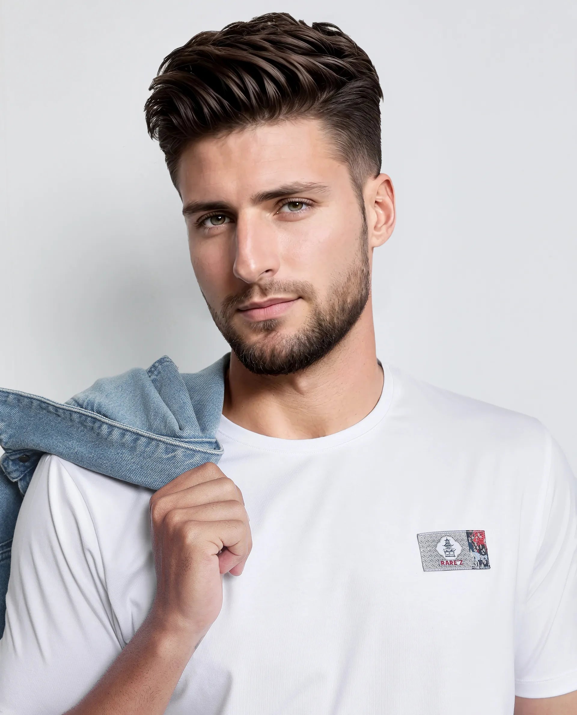 Rare Rabbit Men Saw White Cotton Lycra Fabric Short Sleeve Crew Neck Slip-On Plain T-Shirt