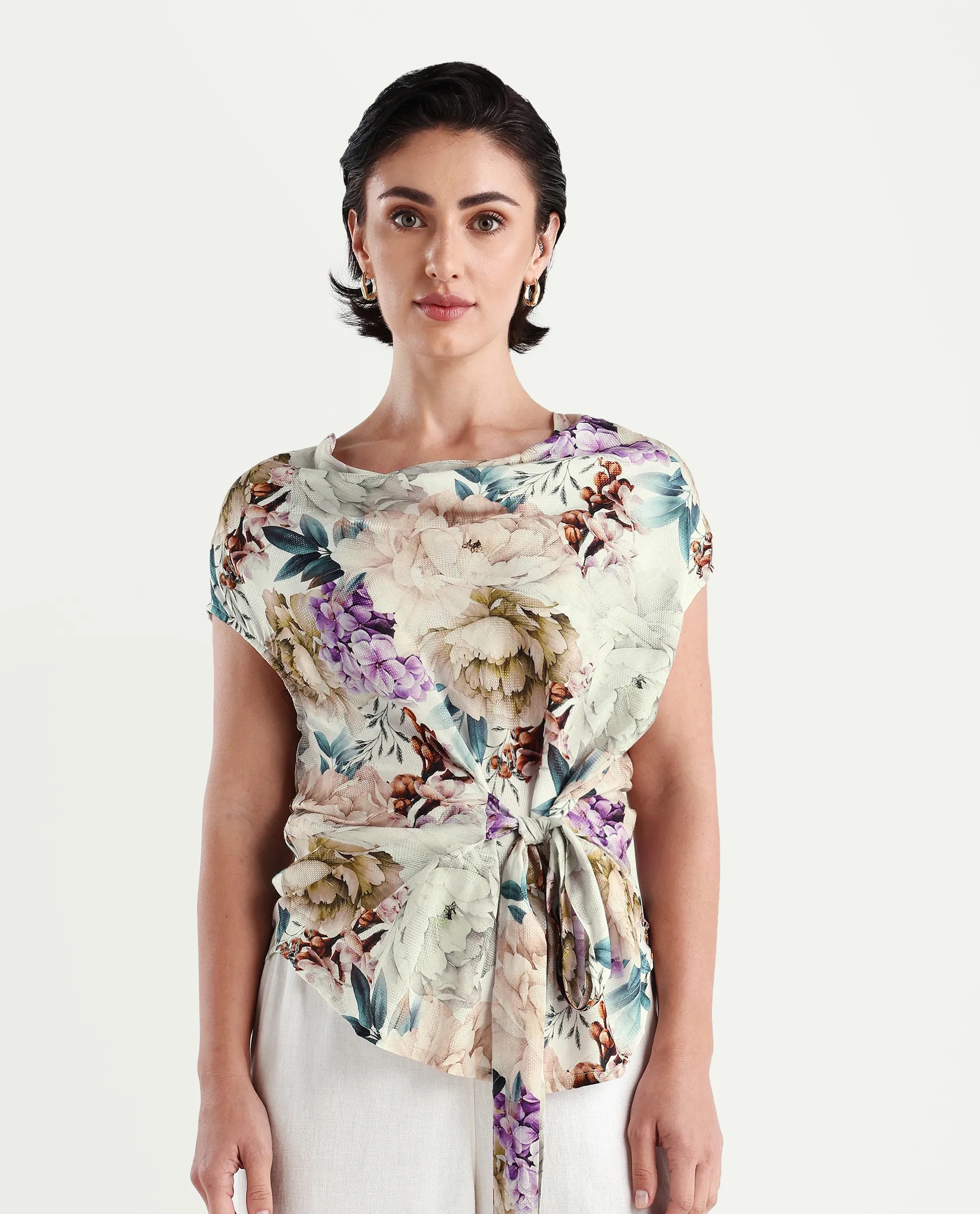 Rareism Women's Sawyer Multi Cotton Cowl Neck Floral Print Extended Sleeves Slim Fit Top