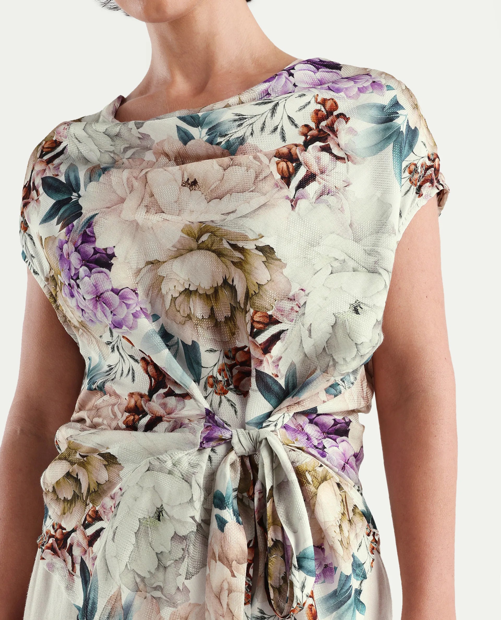 Rareism Women's Sawyer Multi Cotton Cowl Neck Floral Print Extended Sleeves Slim Fit Top