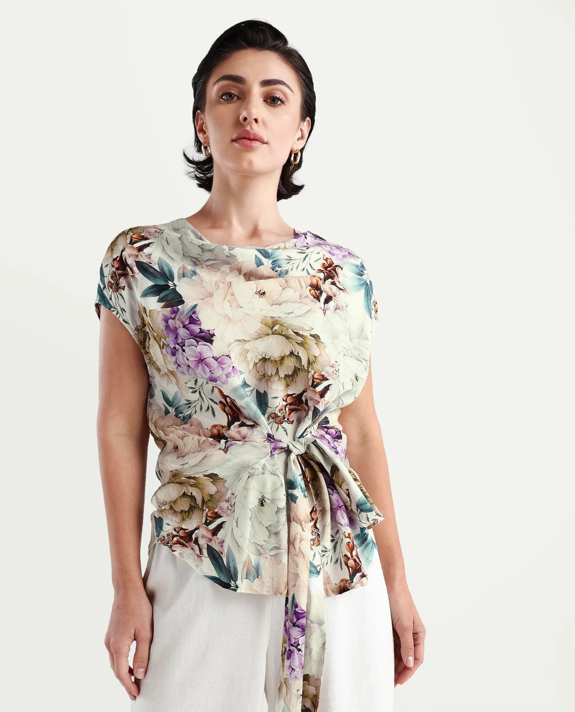 Rareism Women's Sawyer Multi Cotton Cowl Neck Floral Print Extended Sleeves Slim Fit Top