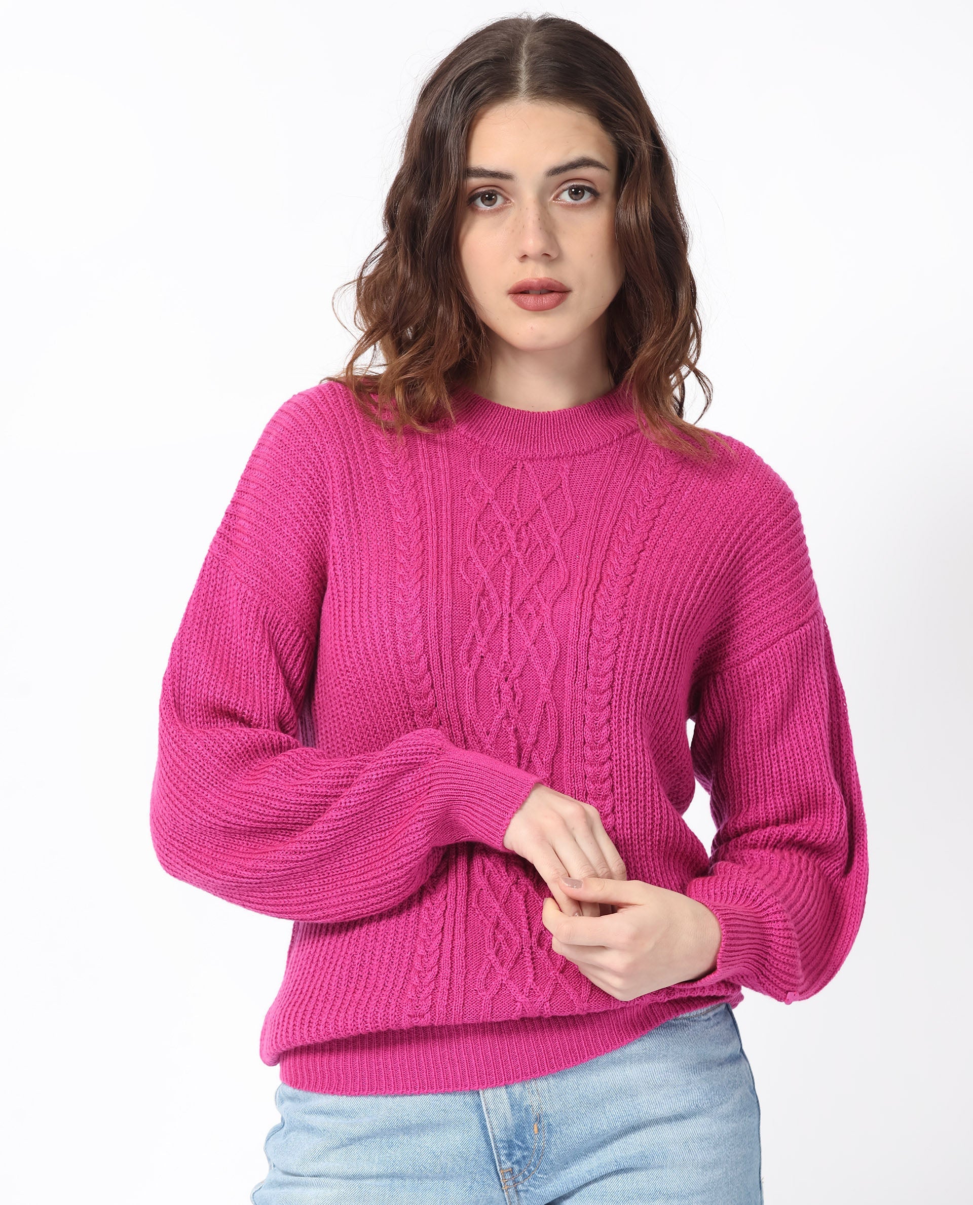 Rareism Women Schitt Flouroscent Pink Acrylic Fabric Full Sleeves Relaxed Fit Solid High Neck Sweater