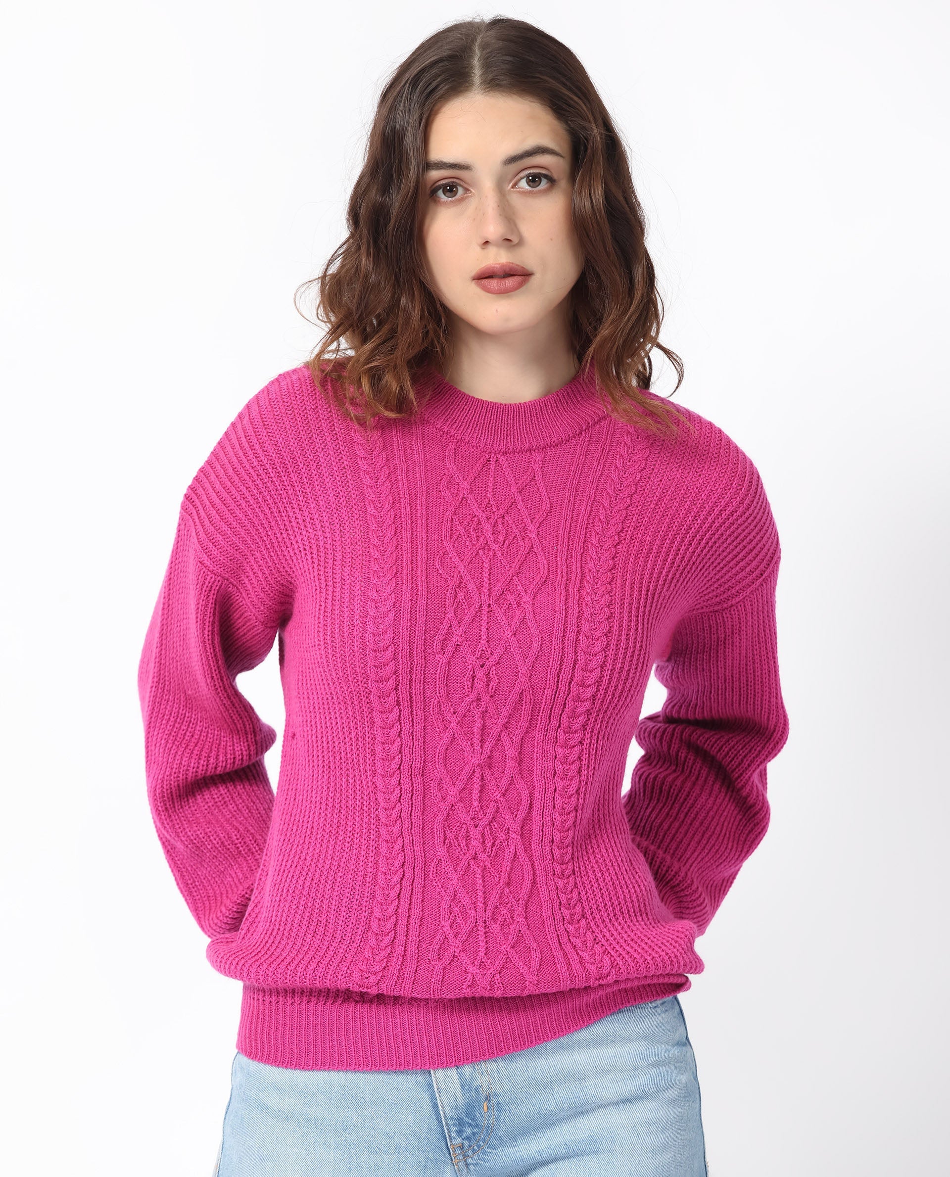 Rareism Women Schitt Flouroscent Pink Acrylic Fabric Full Sleeves Relaxed Fit Solid High Neck Sweater