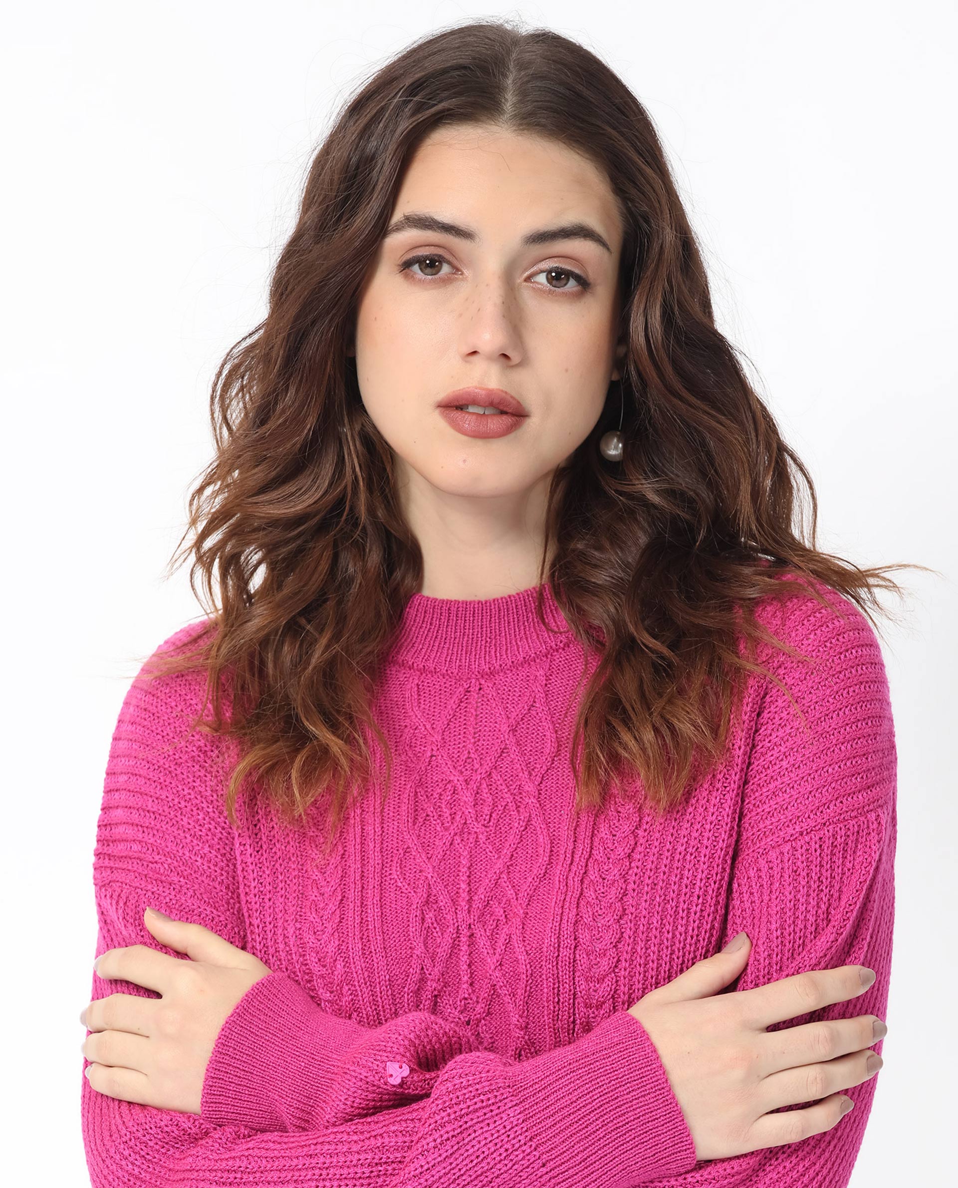 Rareism Women Schitt Flouroscent Pink Acrylic Fabric Full Sleeves Relaxed Fit Solid High Neck Sweater