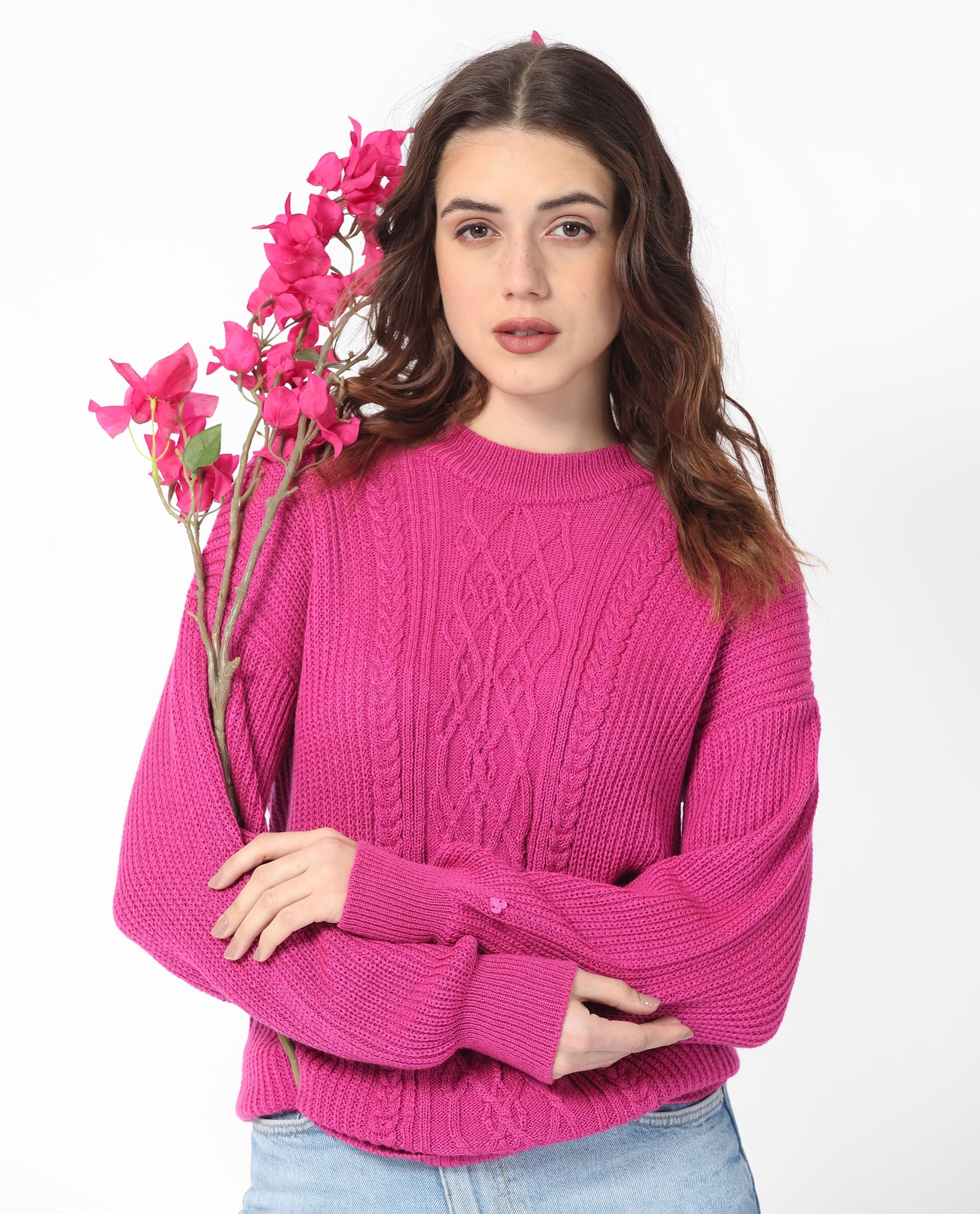 Rareism Women Schitt Flouroscent Pink Acrylic Fabric Full Sleeves Relaxed Fit Solid High Neck Sweater