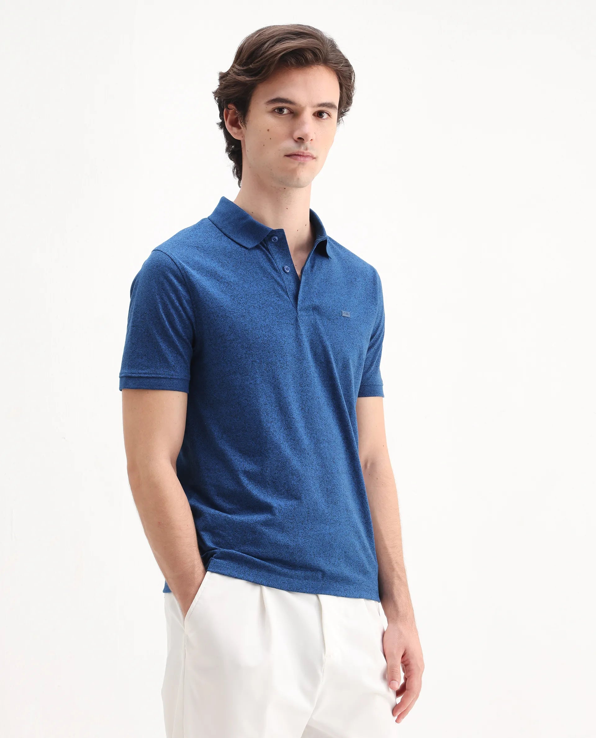 Rare Rabbit Men's Schop Navy Cotton Plain Regular Fit Half Sleeve Polo