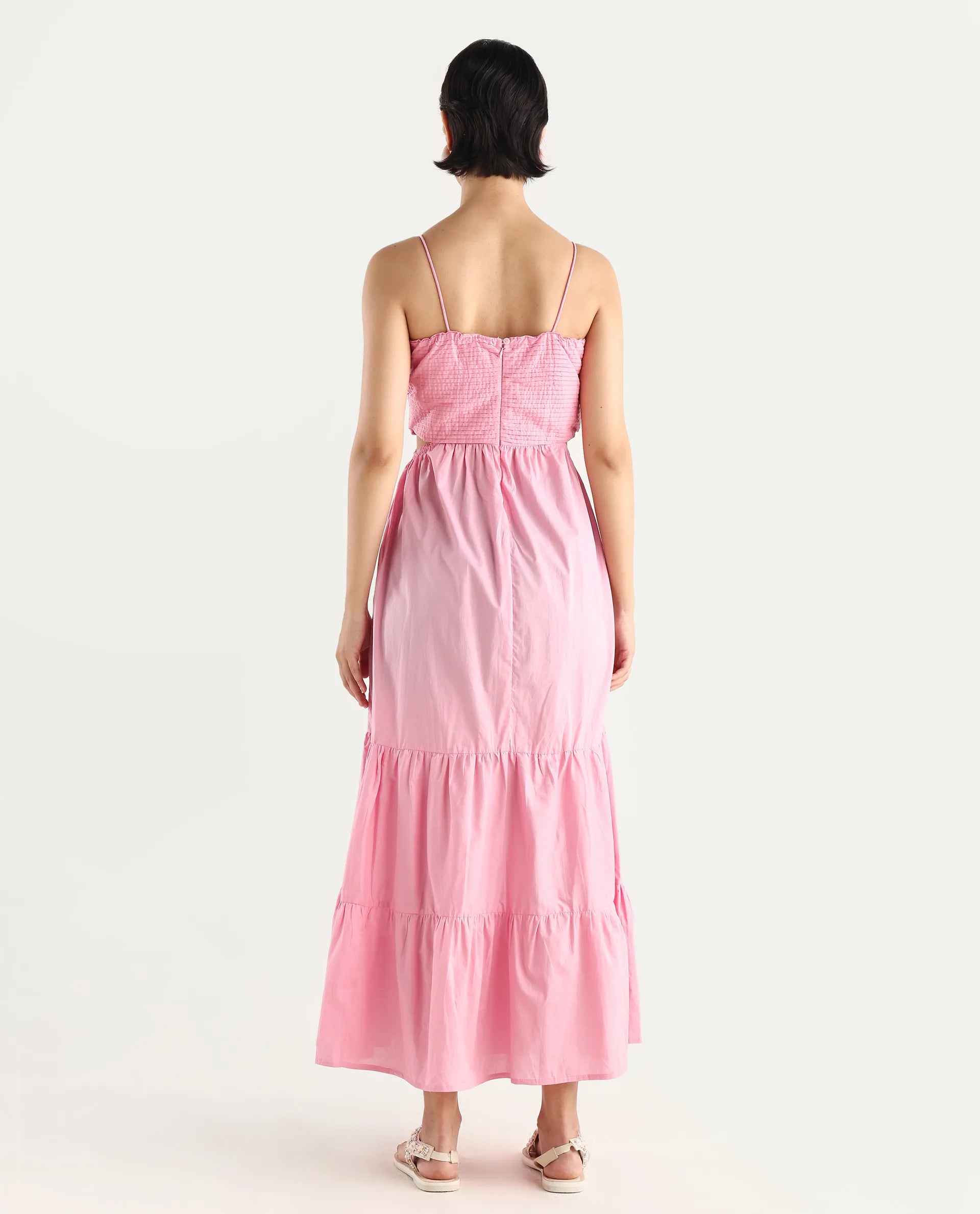 Rareism Women's Schor Pink Cotton Shoulder Strap Plain Maxi Fit And Flare Dress