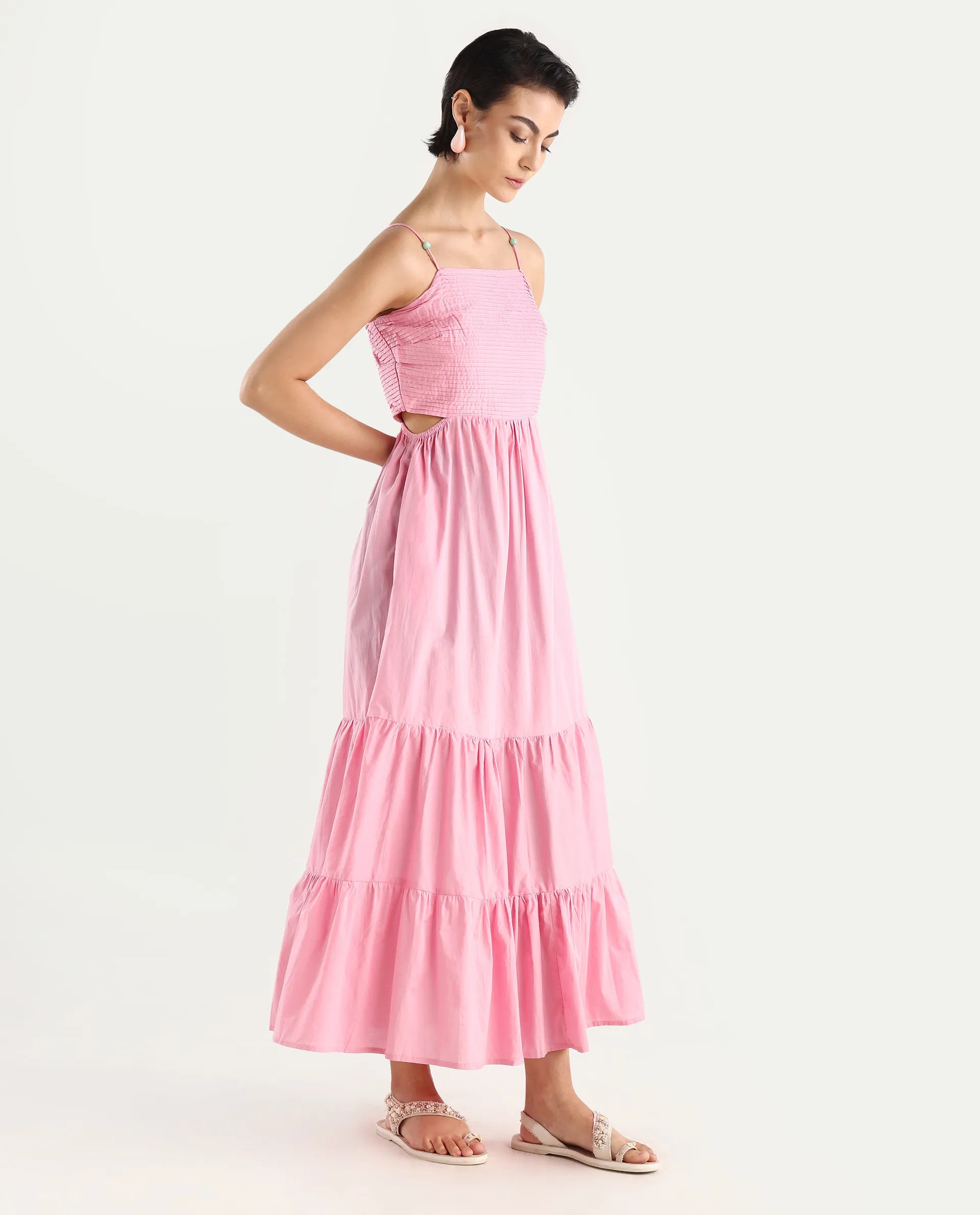 Rareism Women's Schor Pink Cotton Shoulder Strap Plain Maxi Fit And Flare Dress