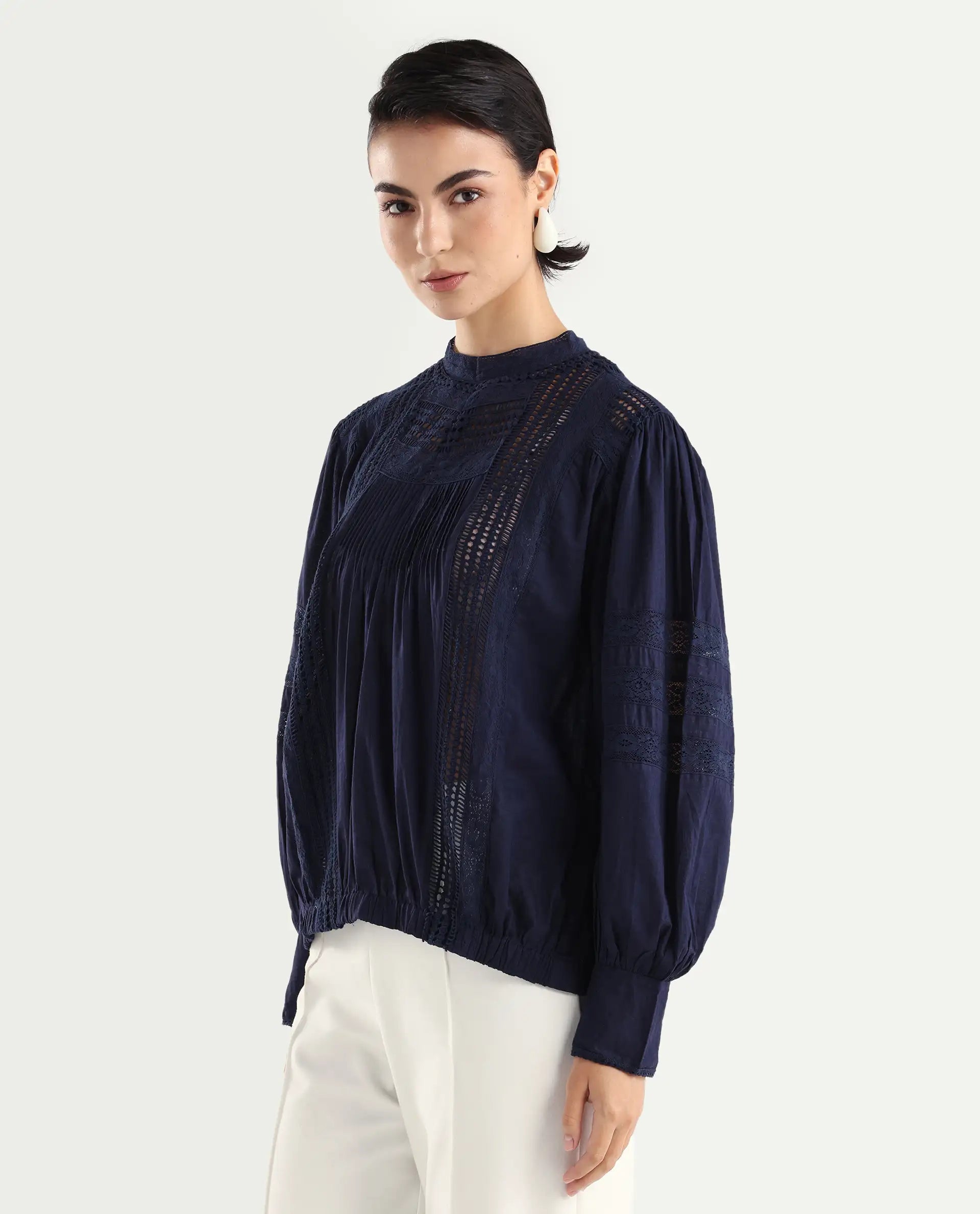 Rareism Women's Schwan Navy Cotton High Neck Plain Balloon Sleeve Regular Fit Top