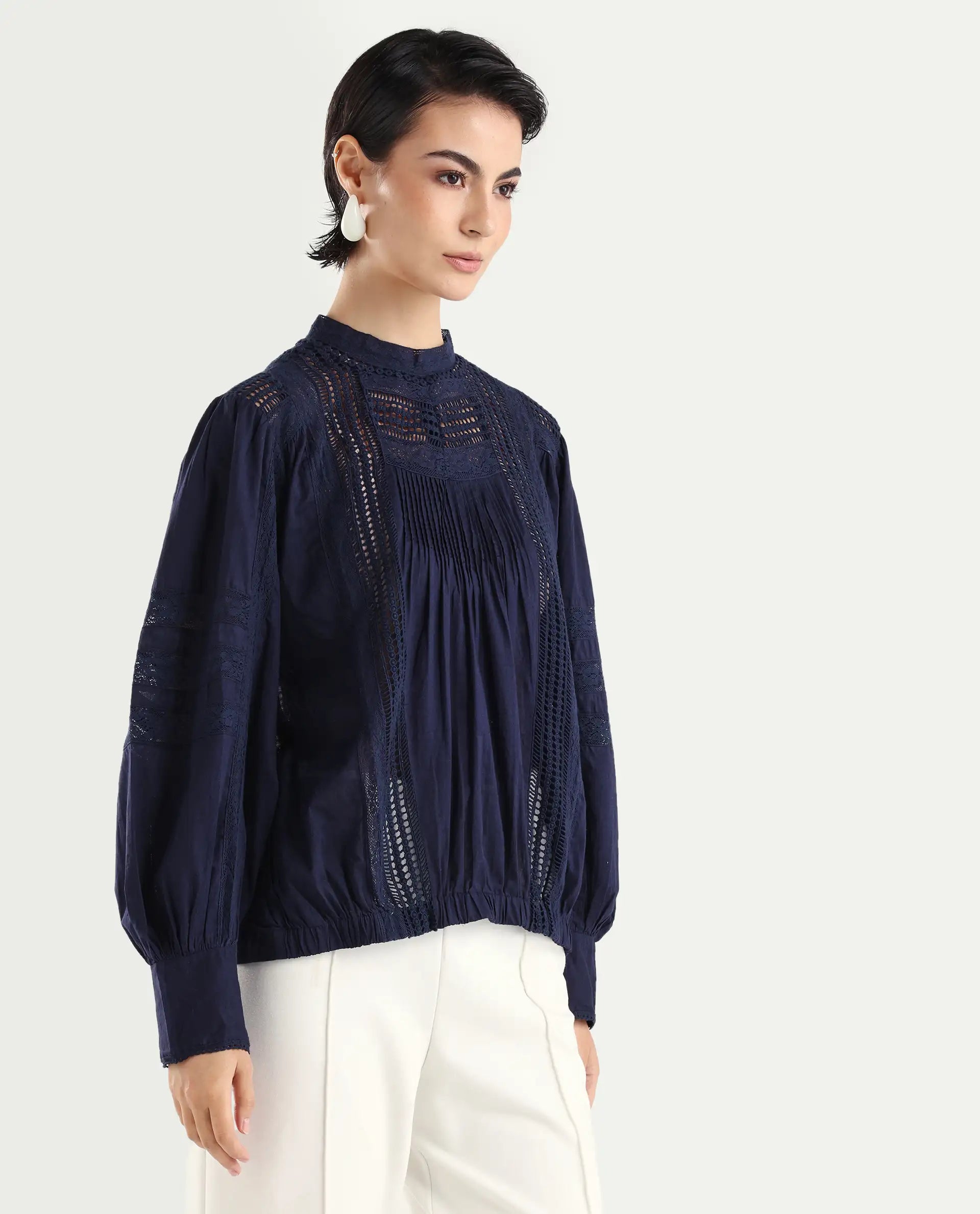Rareism Women's Schwan Navy Cotton High Neck Plain Balloon Sleeve Regular Fit Top