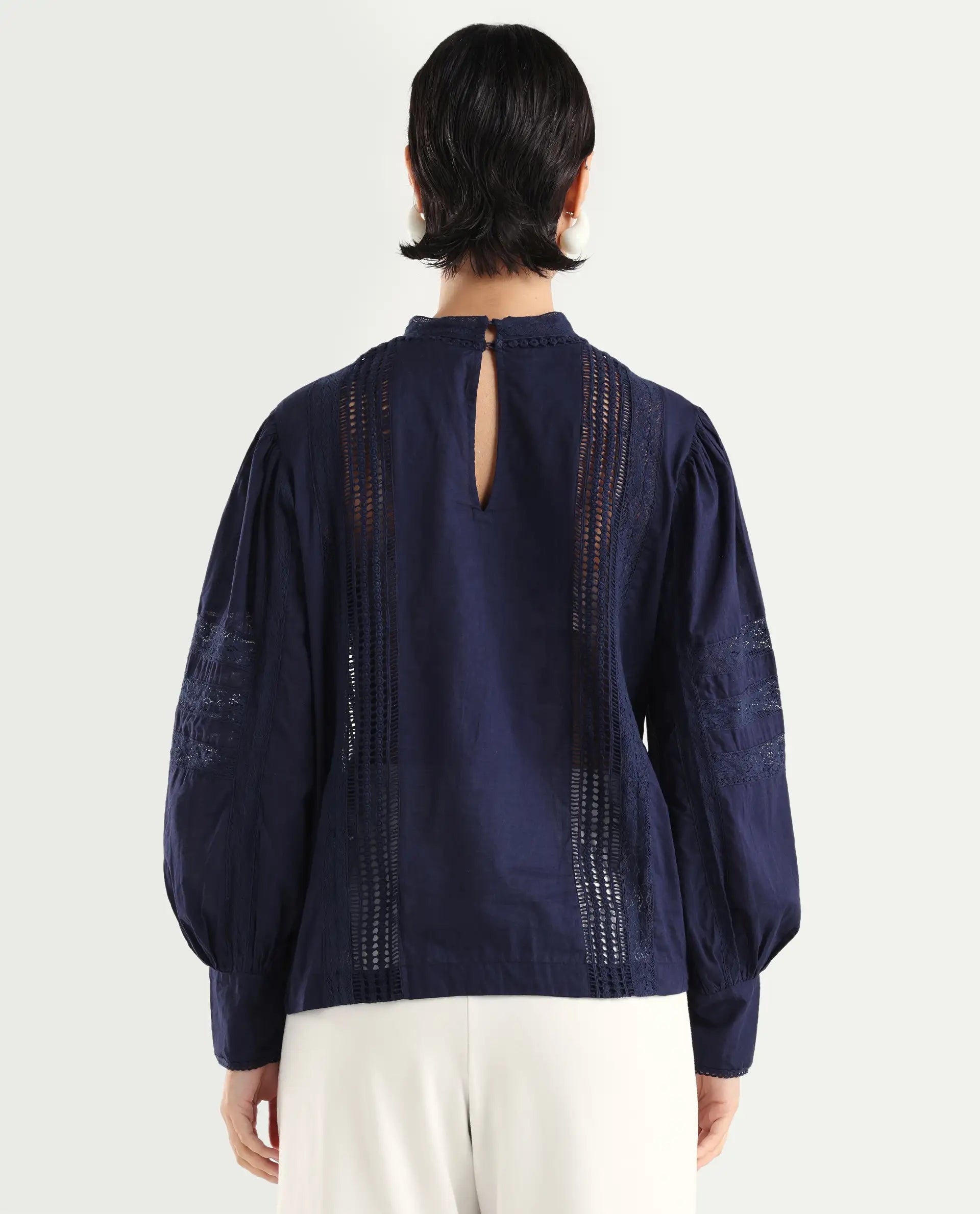 Rareism Women's Schwan Navy Cotton High Neck Plain Balloon Sleeve Regular Fit Top