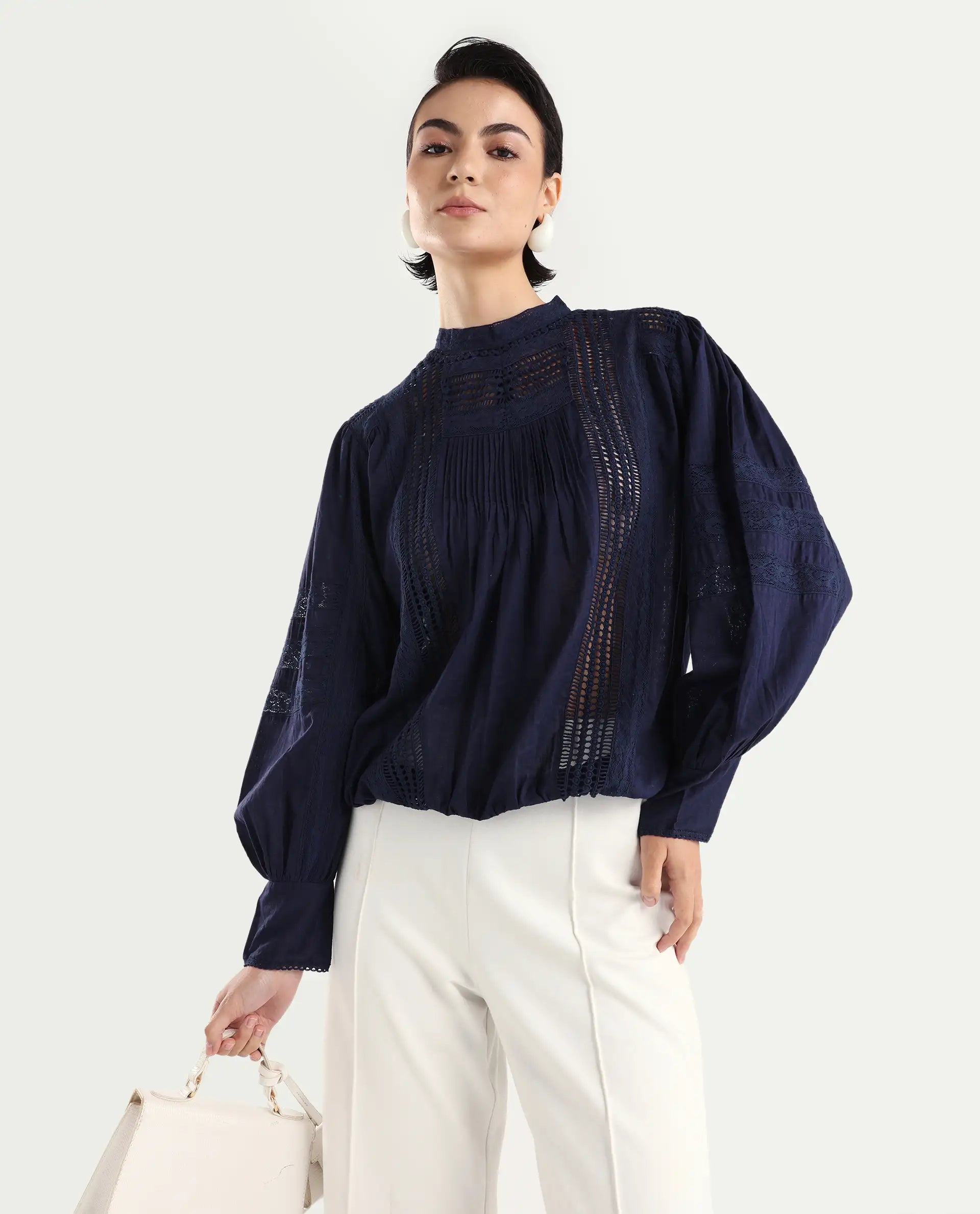 Rareism Women's Schwan Navy Cotton High Neck Plain Balloon Sleeve Regular Fit Top