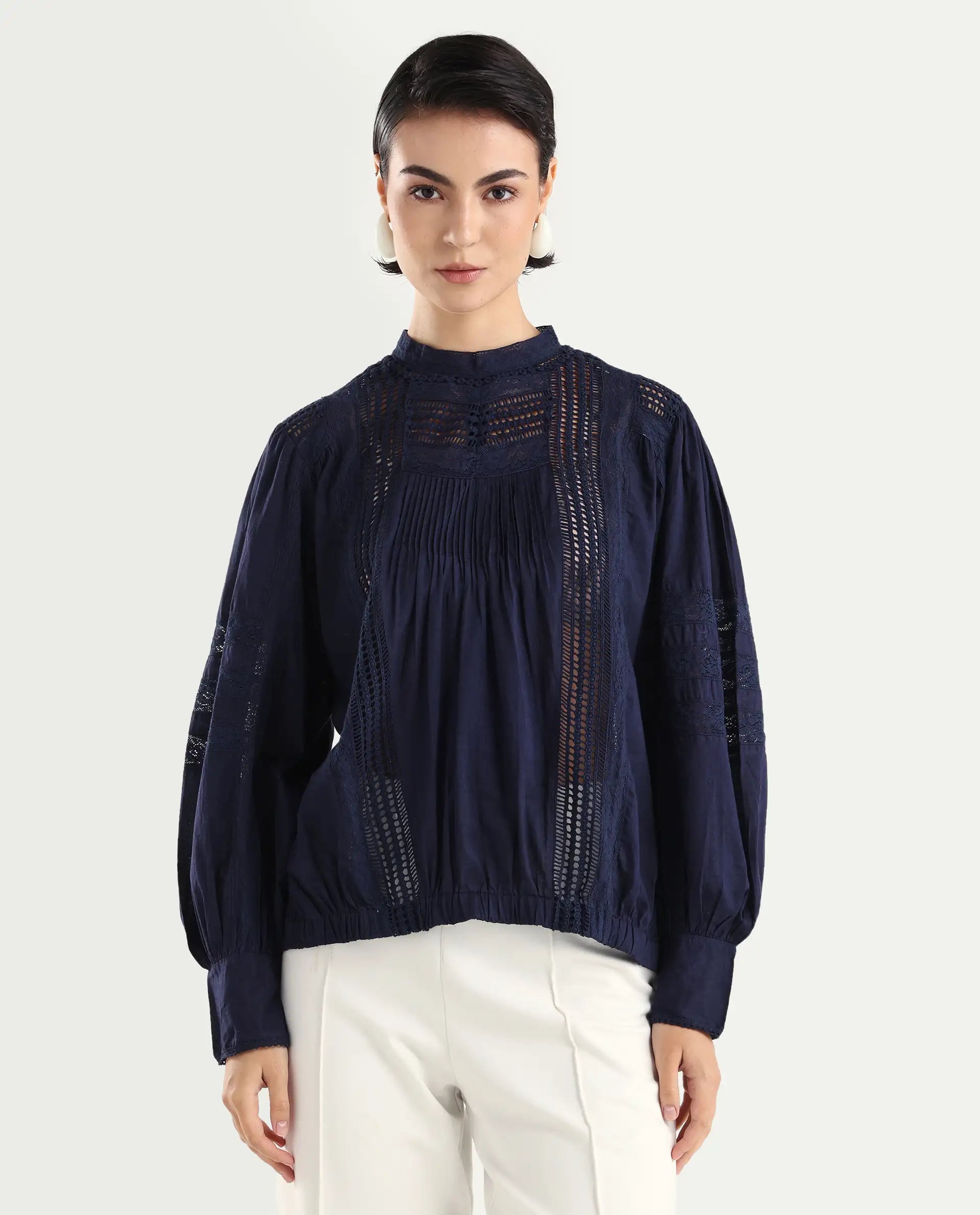 Rareism Women's Schwan Navy Cotton High Neck Plain Balloon Sleeve Regular Fit Top