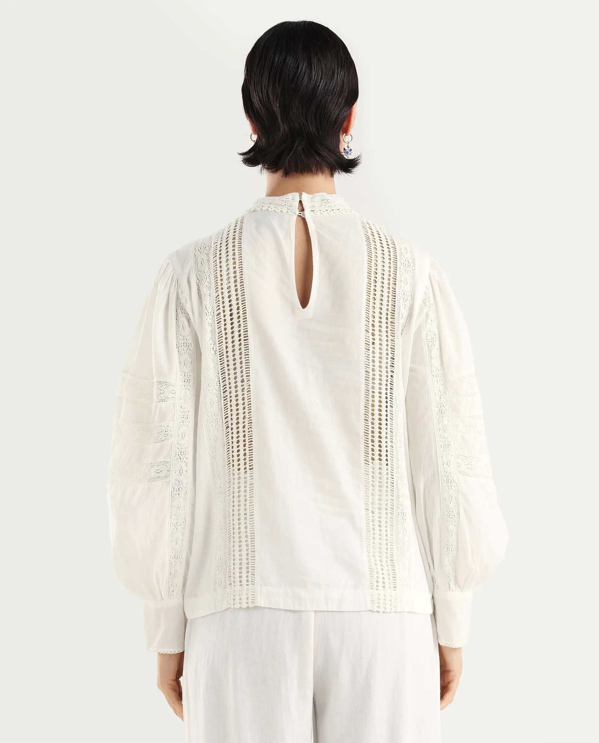 Rareism Women's Schwan White Cotton High Neck Plain Balloon Sleeve Regular Fit Top