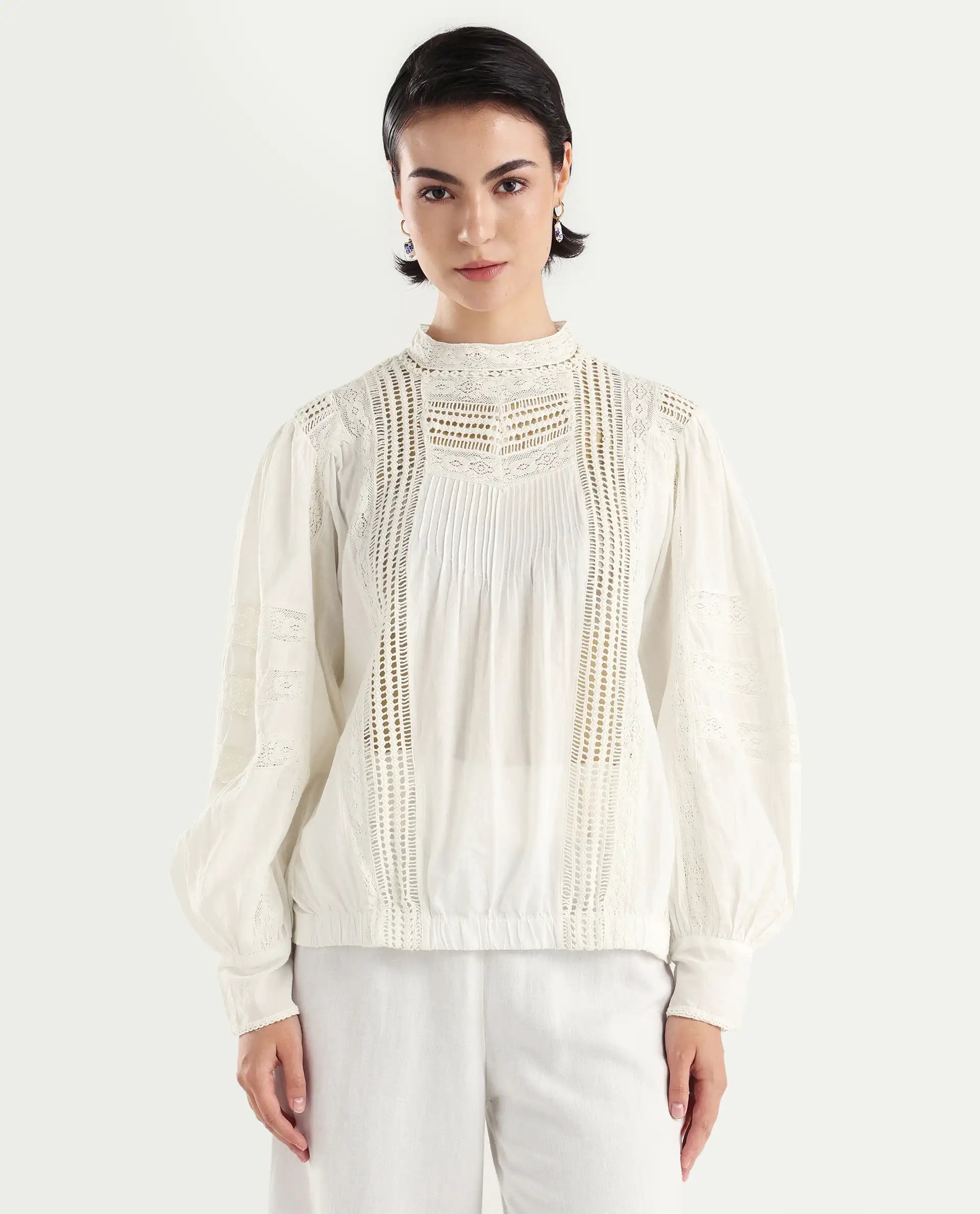 Rareism Women's Schwan White Cotton High Neck Plain Balloon Sleeve Regular Fit Top