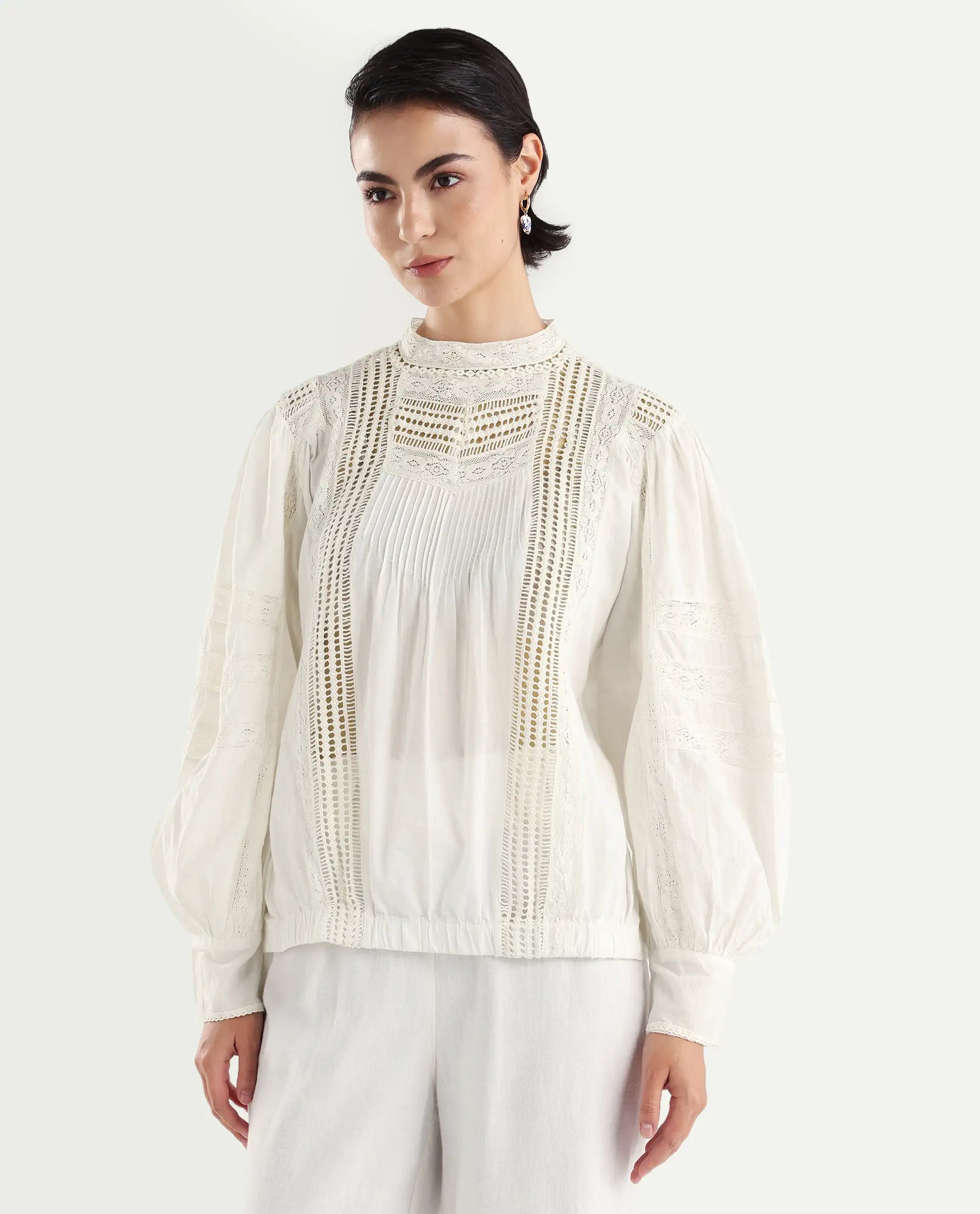 Rareism Women's Schwan White Cotton High Neck Plain Balloon Sleeve Regular Fit Top