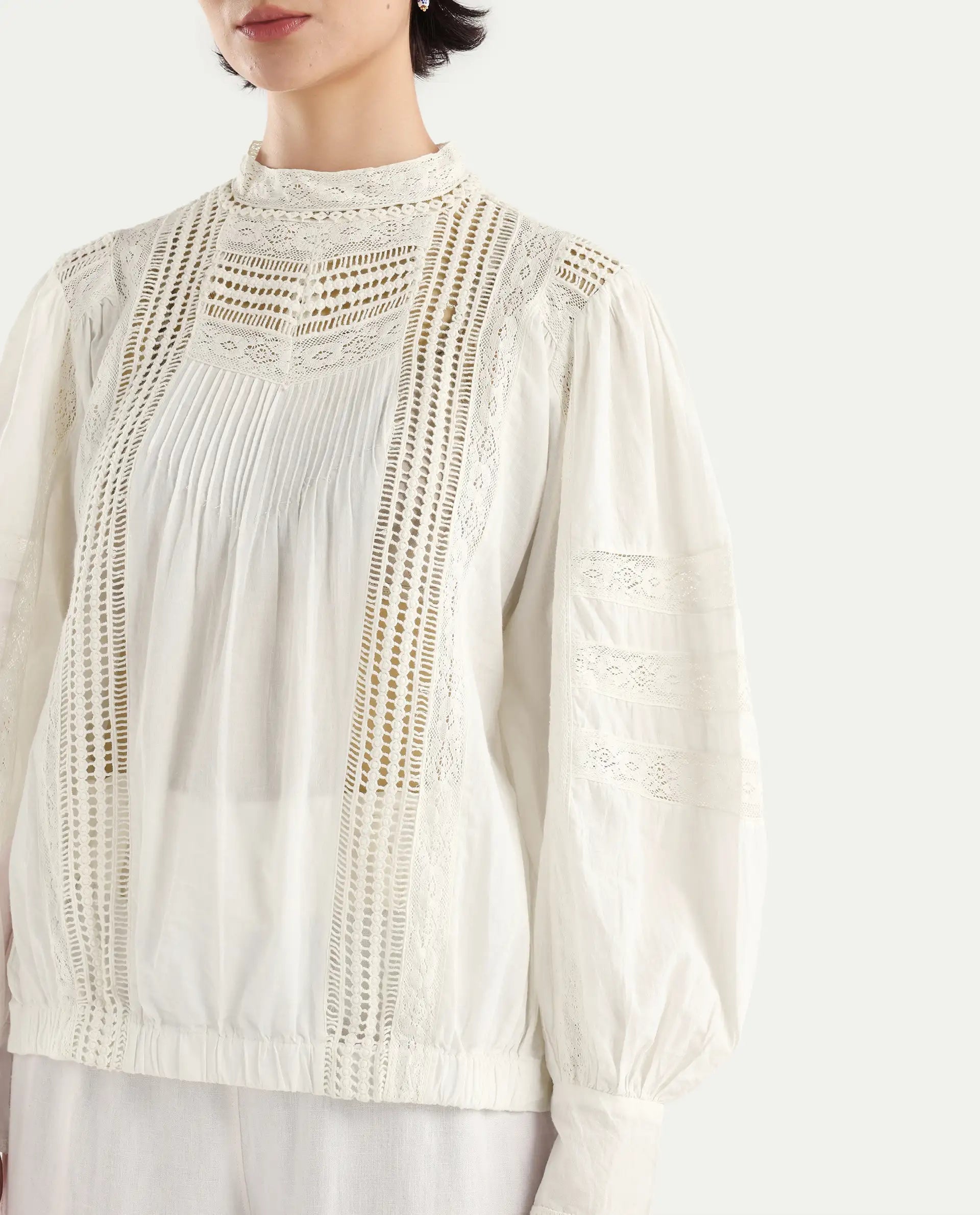 Rareism Women's Schwan White Cotton High Neck Plain Balloon Sleeve Regular Fit Top