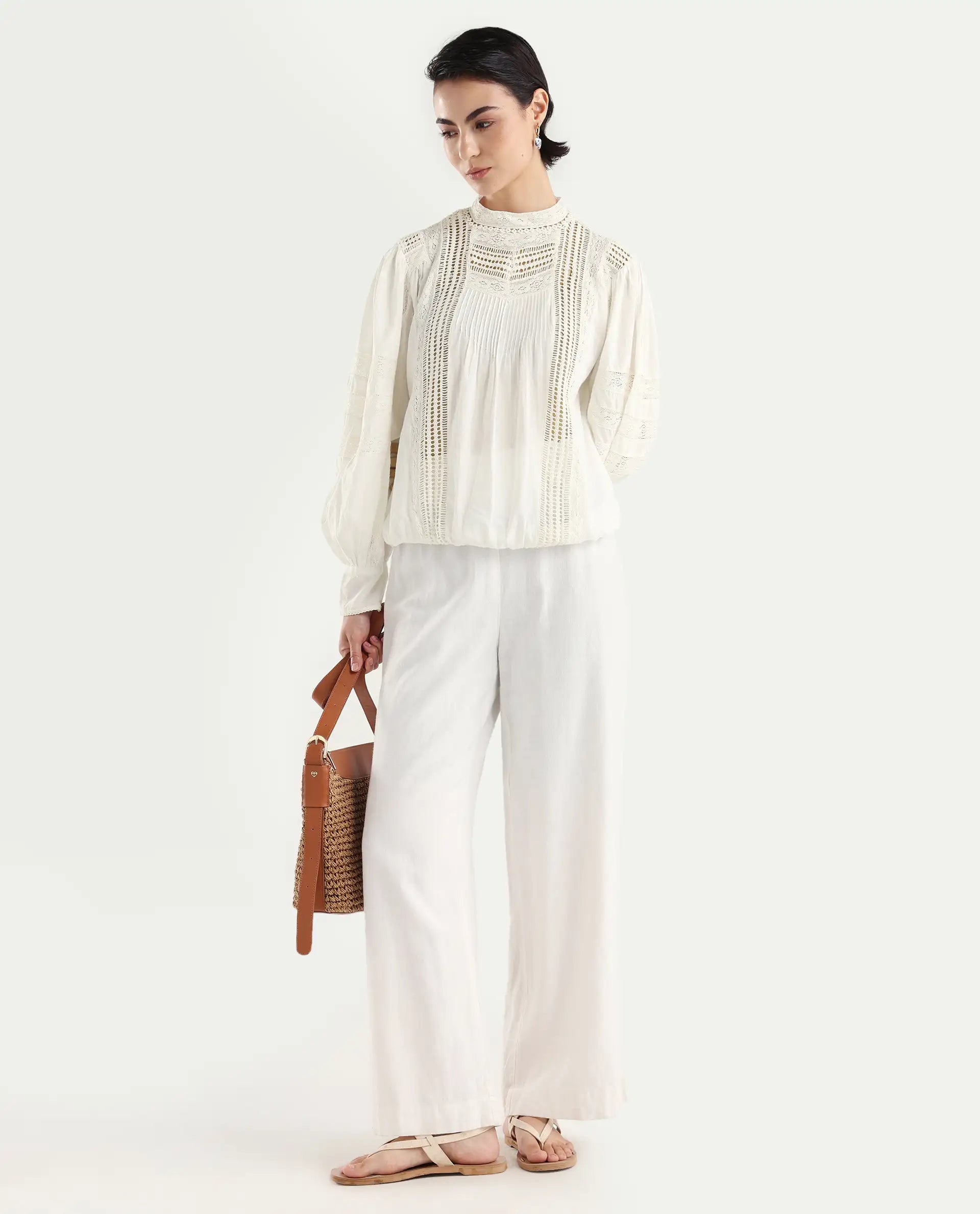 Rareism Women's Schwan White Cotton High Neck Plain Balloon Sleeve Regular Fit Top