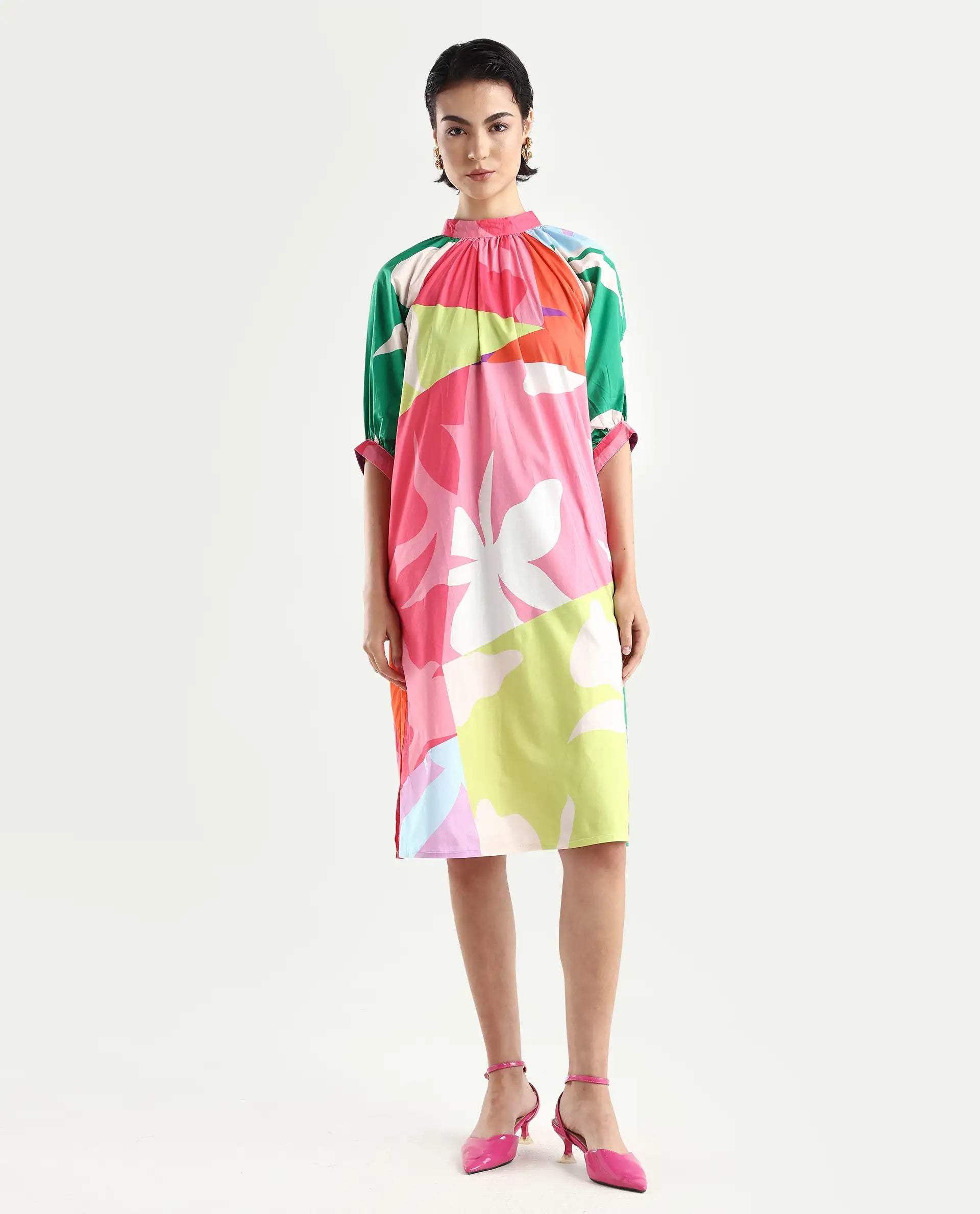 Rareism Women's Scintill Multi Cotton High Neck Floral Print Balloon Sleeve Knee Length Relaxed Fit Dress