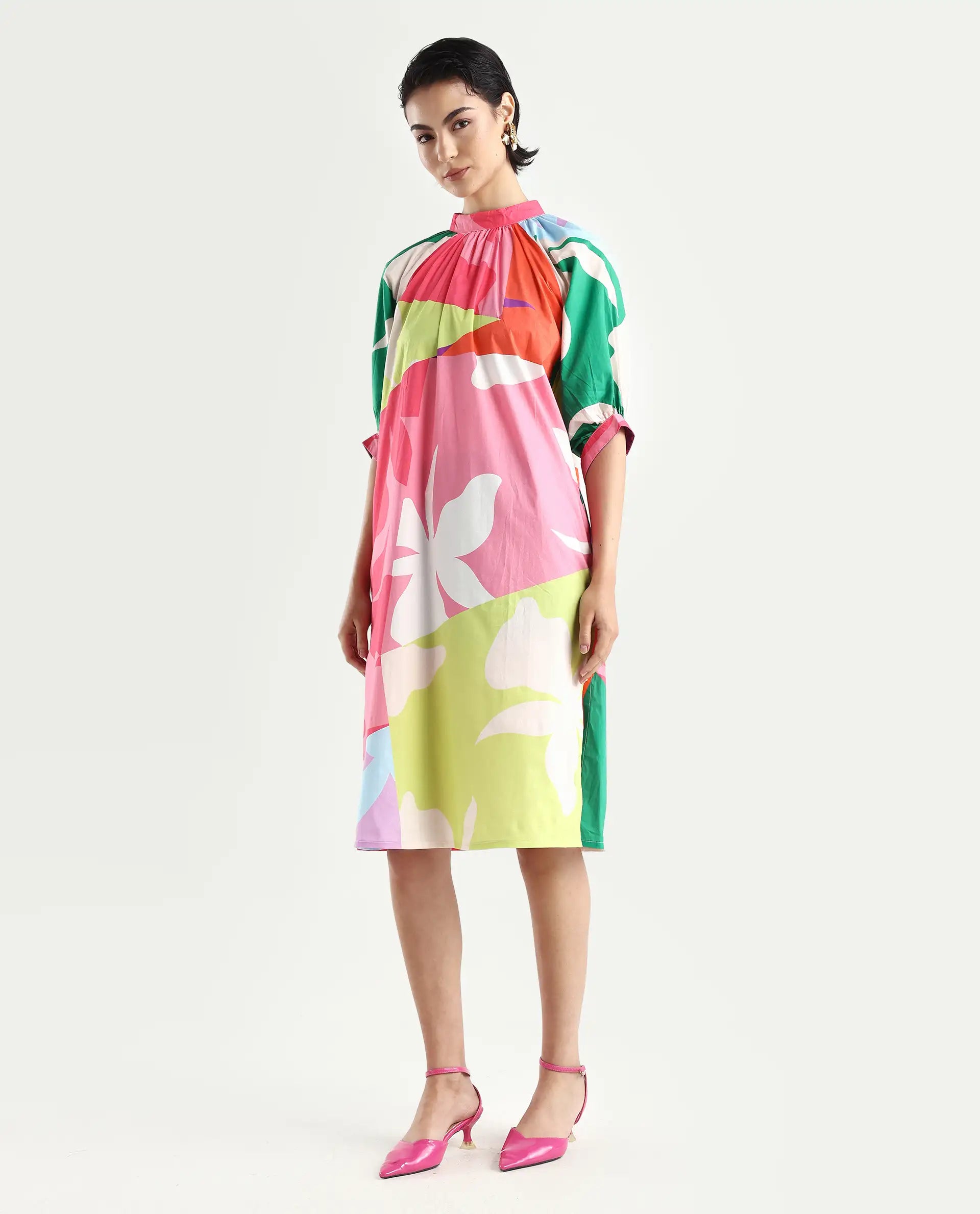 Rareism Women's Scintill Multi Cotton High Neck Floral Print Balloon Sleeve Knee Length Relaxed Fit Dress