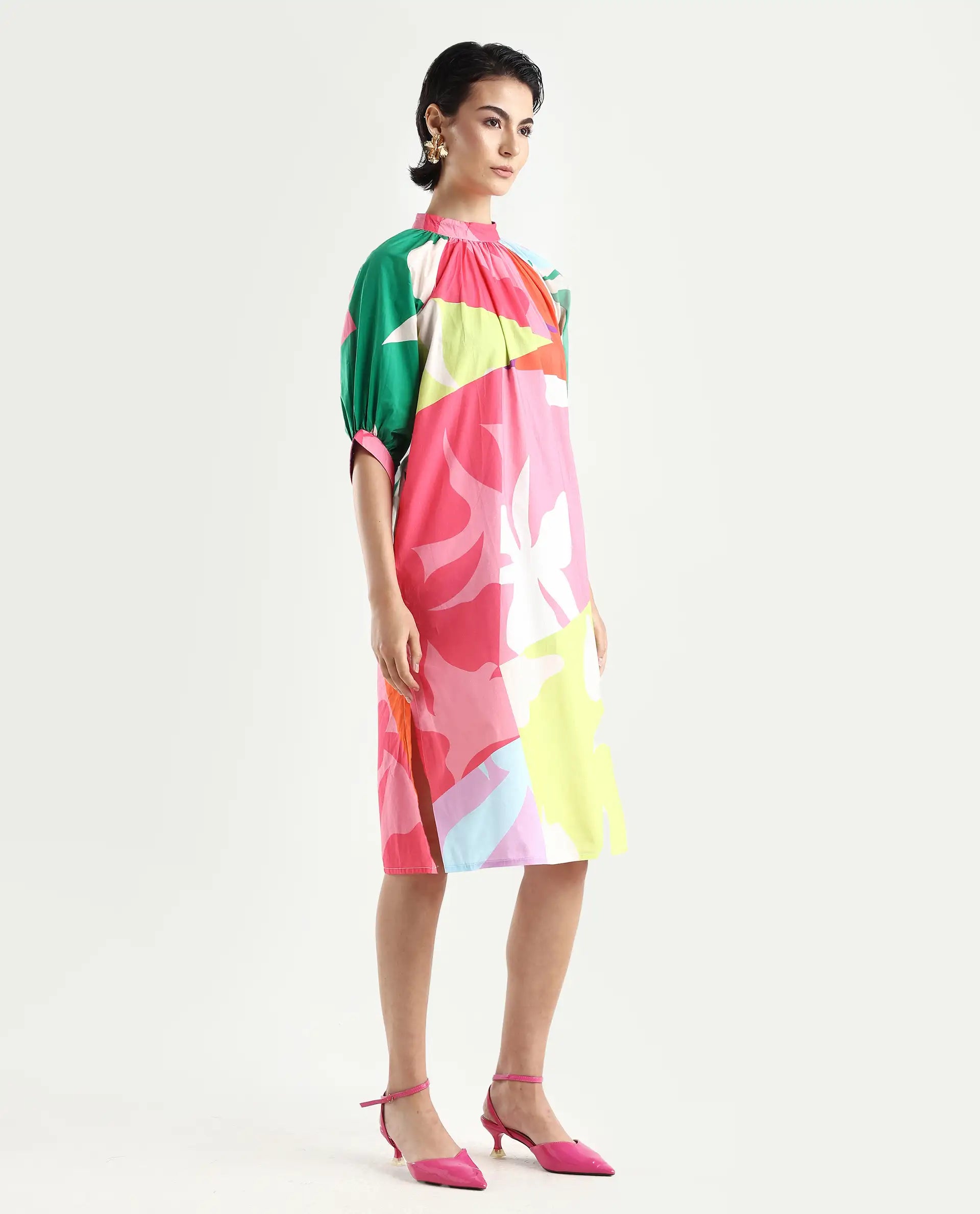 Rareism Women's Scintill Multi Cotton High Neck Floral Print Balloon Sleeve Knee Length Relaxed Fit Dress