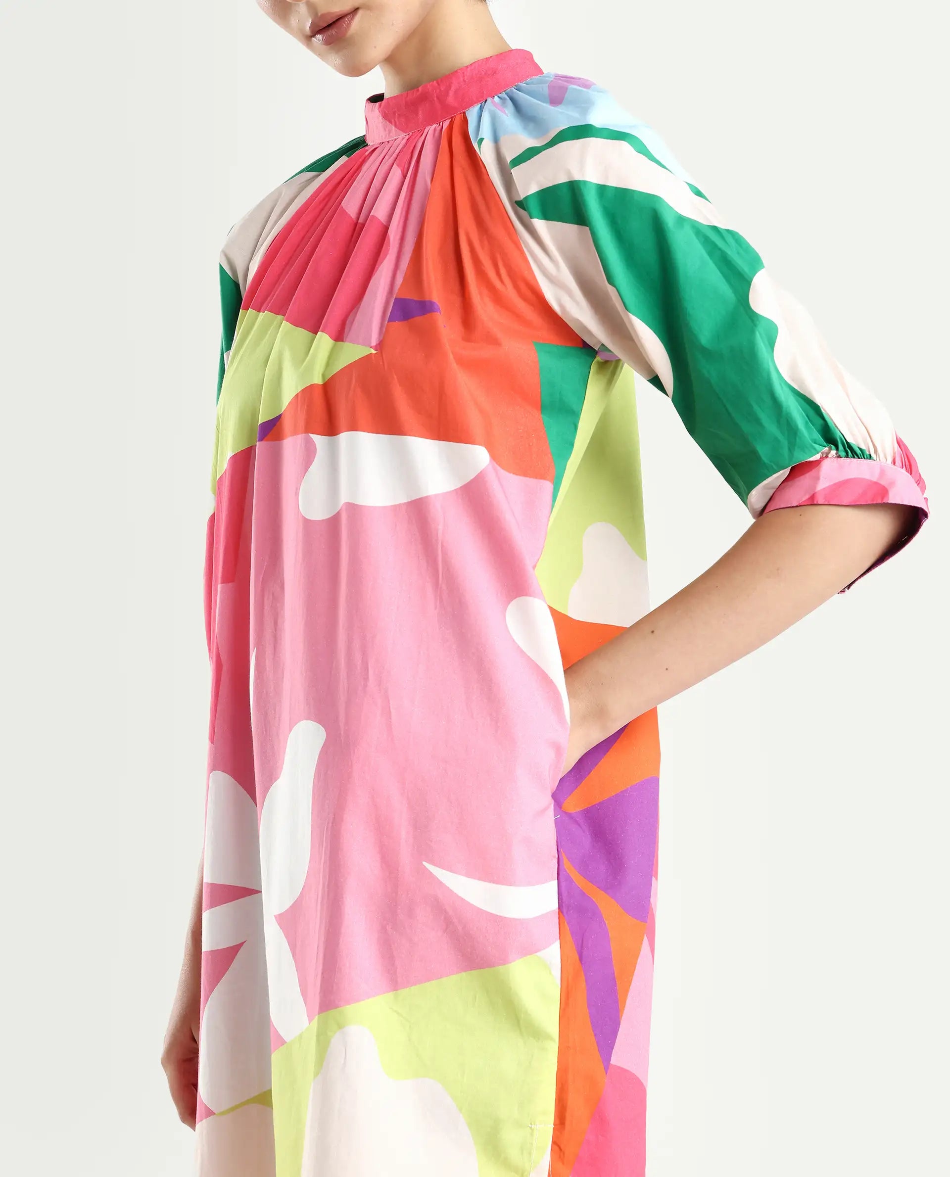 Rareism Women's Scintill Multi Cotton High Neck Floral Print Balloon Sleeve Knee Length Relaxed Fit Dress