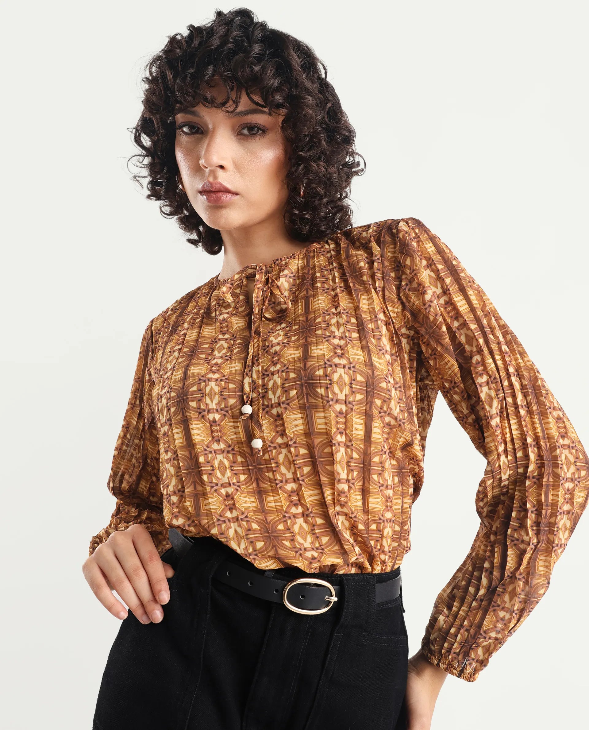 Rareism Women's Scoob Brown Polyester Tie-Up Neck Abstract Print Relaxed Fit Top