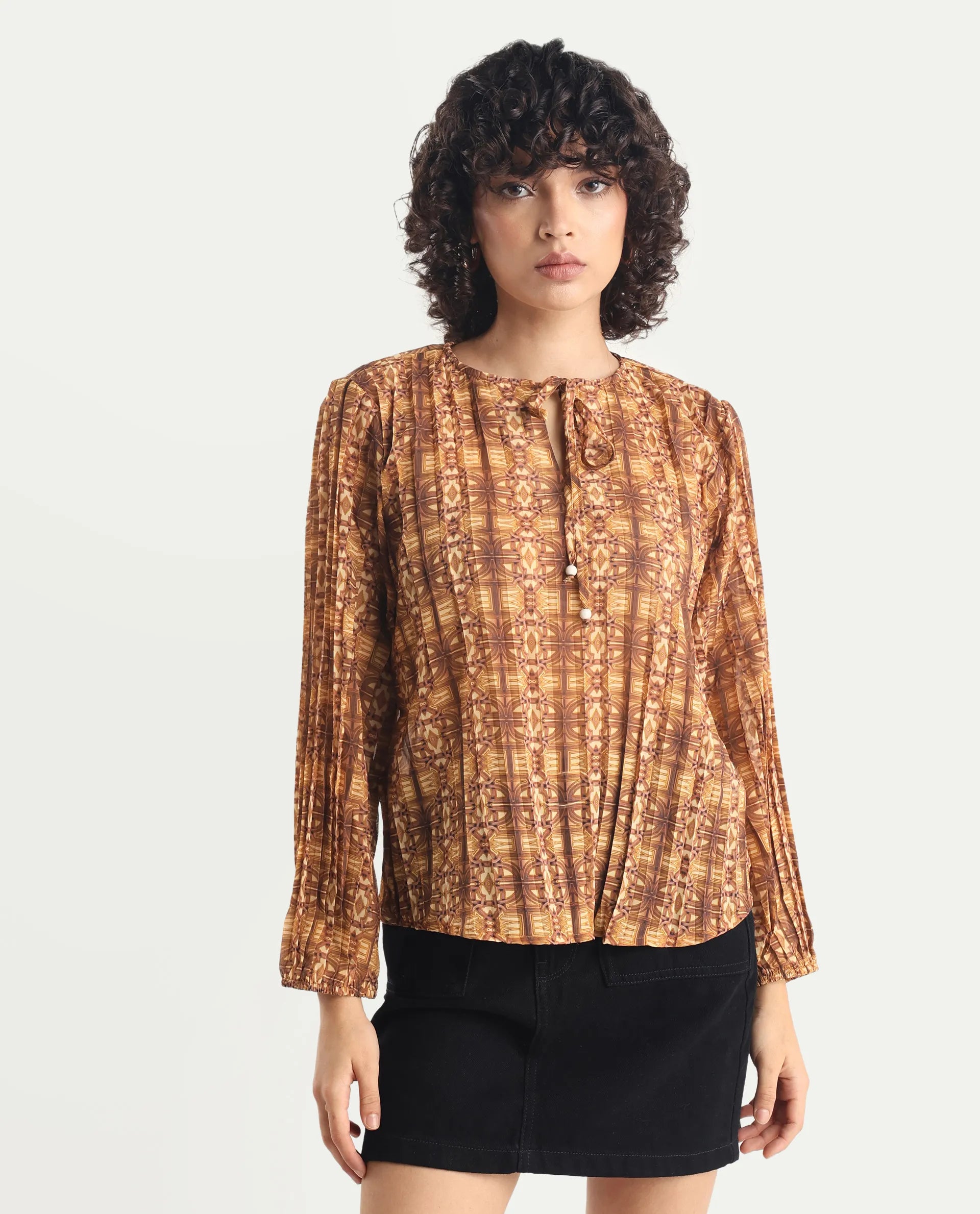 Rareism Women's Scoob Brown Polyester Tie-Up Neck Abstract Print Relaxed Fit Top