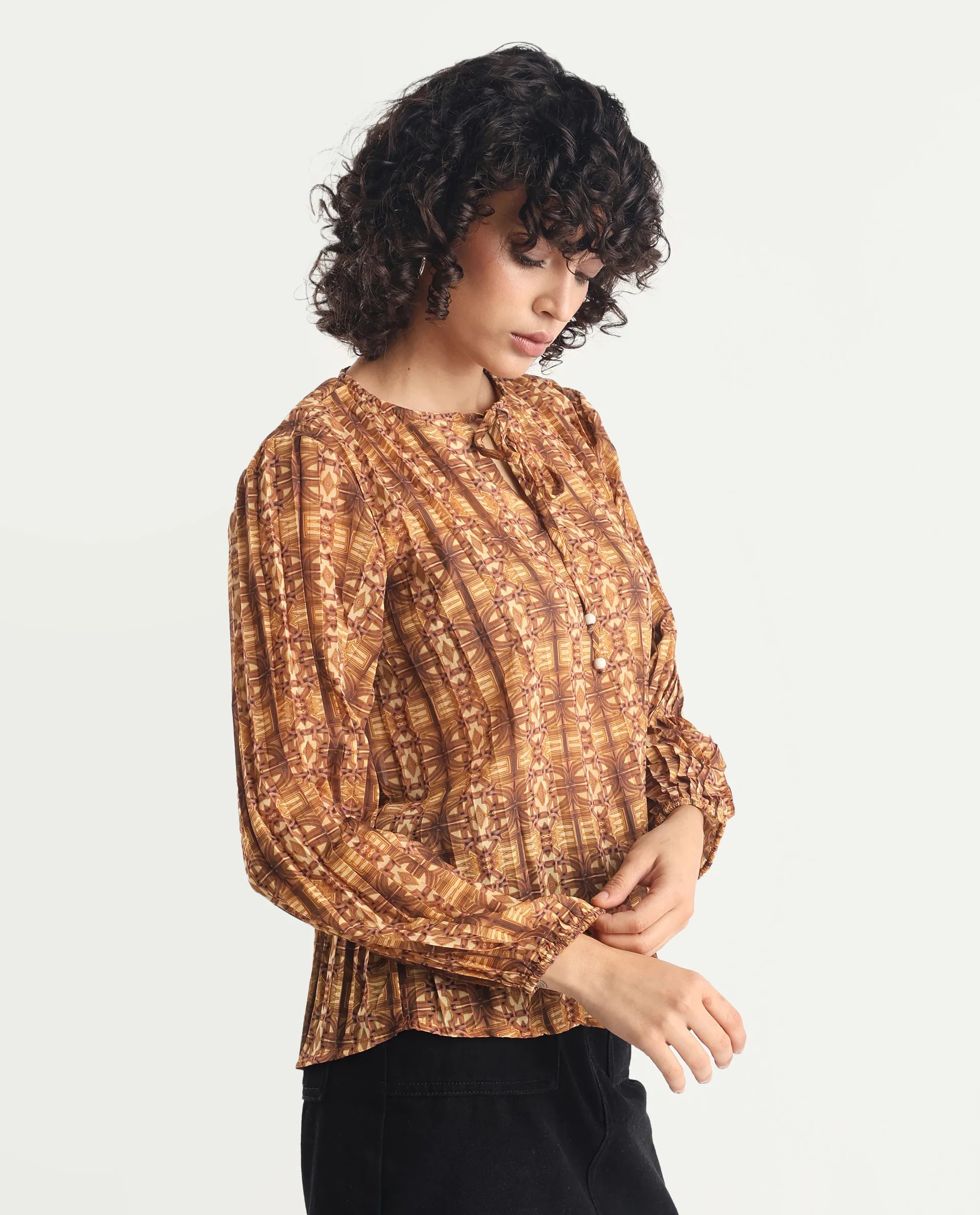 Rareism Women's Scoob Brown Polyester Tie-Up Neck Abstract Print Relaxed Fit Top