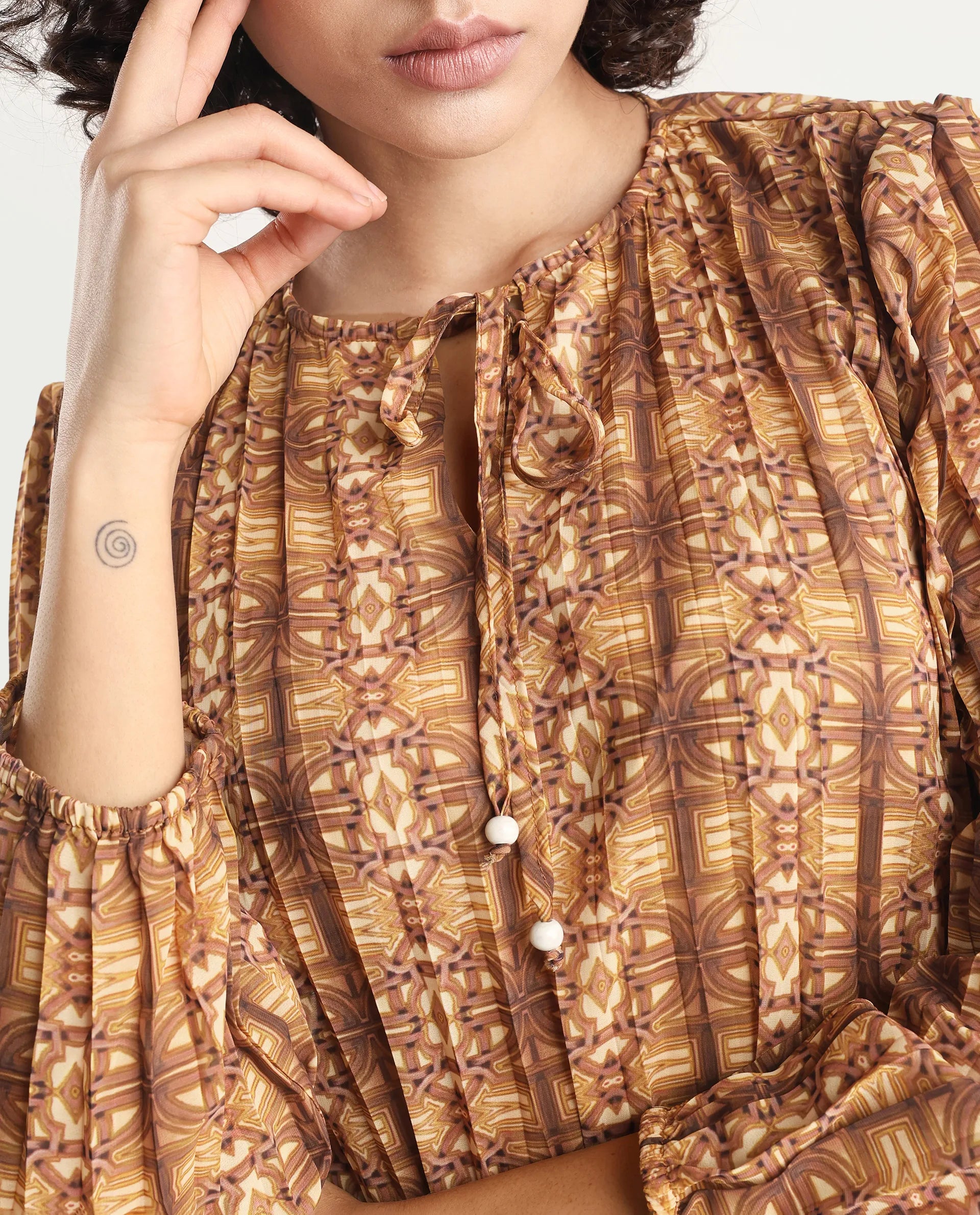 Rareism Women's Scoob Brown Polyester Tie-Up Neck Abstract Print Relaxed Fit Top