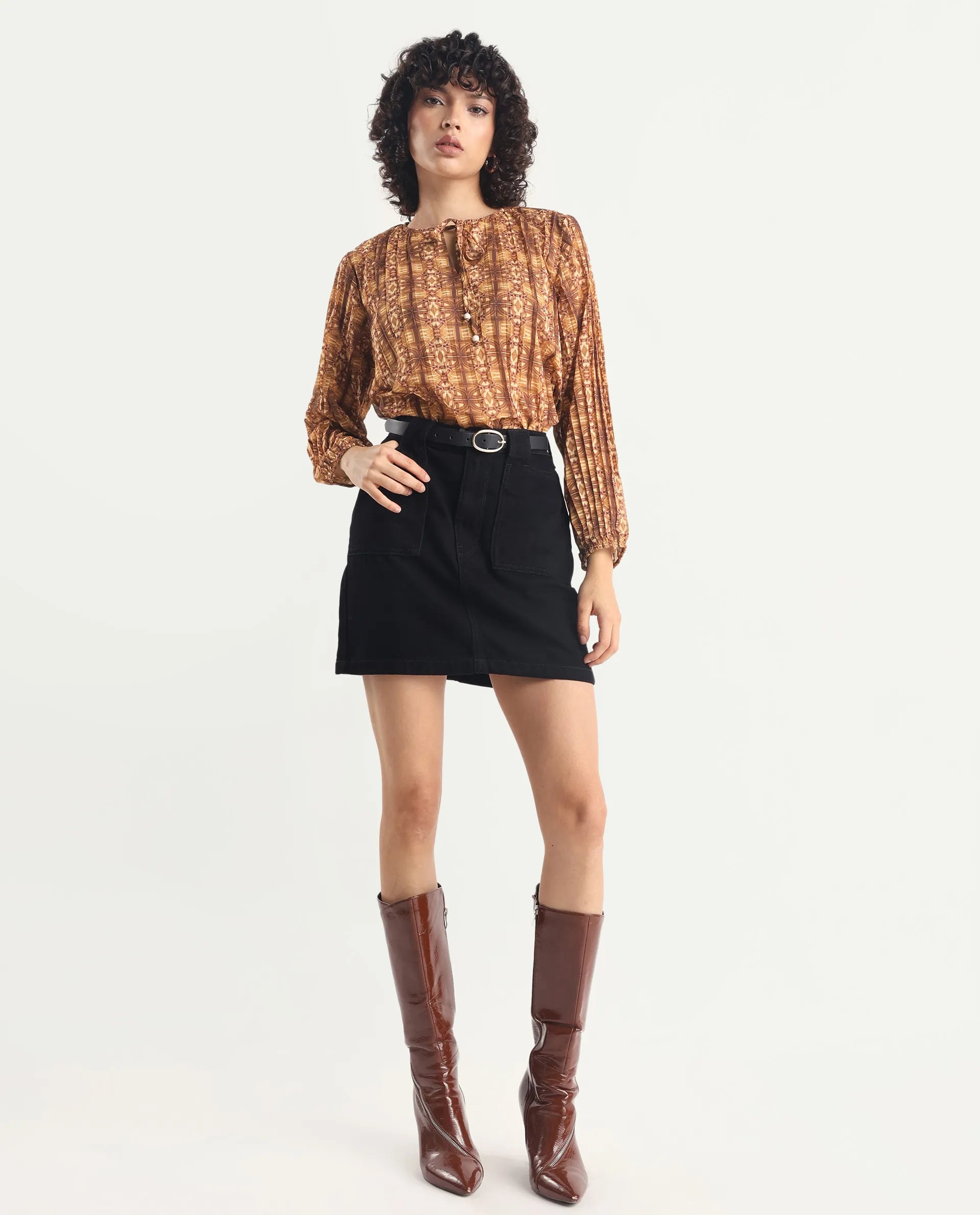 Rareism Women's Scoob Brown Polyester Tie-Up Neck Abstract Print Relaxed Fit Top