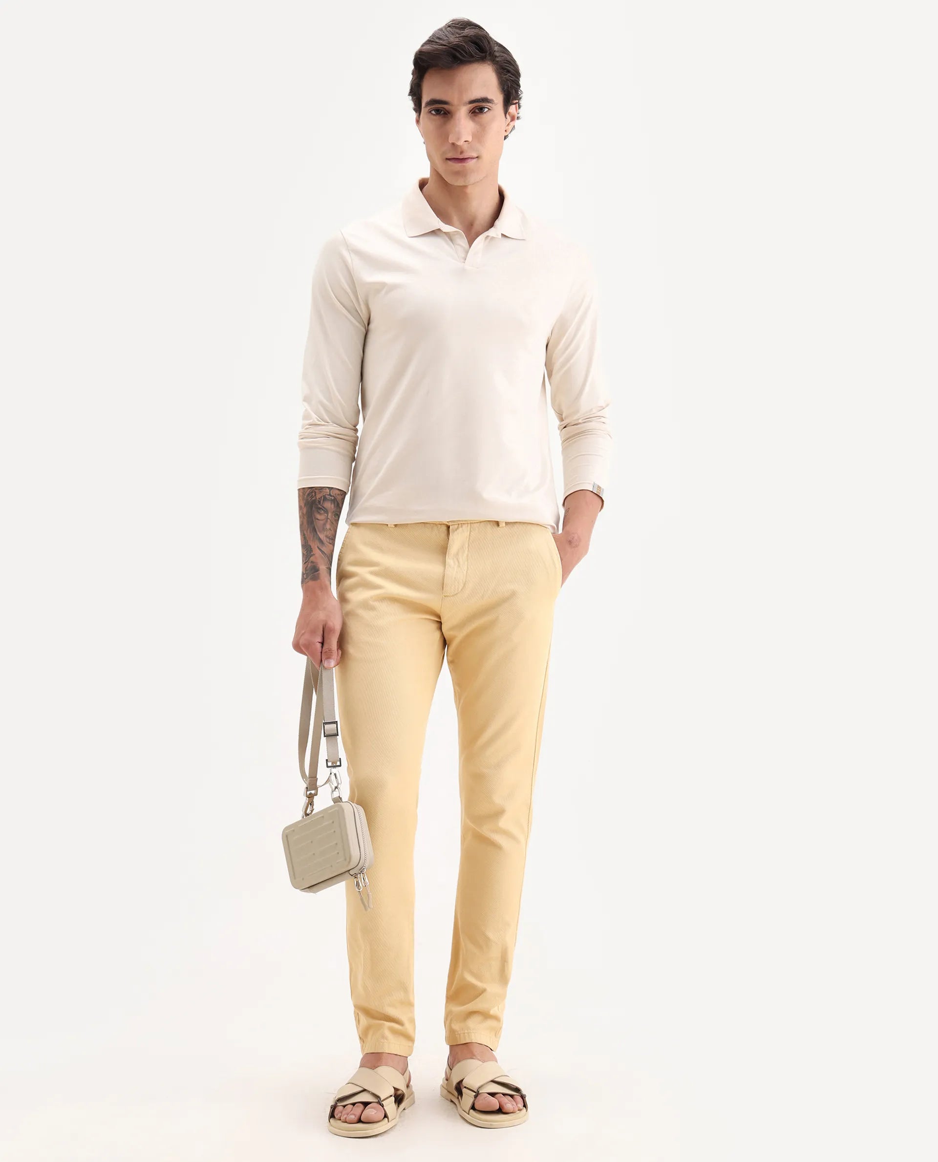 Rare Rabbit Men's Scotch Yellow Cotton Plain Slim Fit Trouser