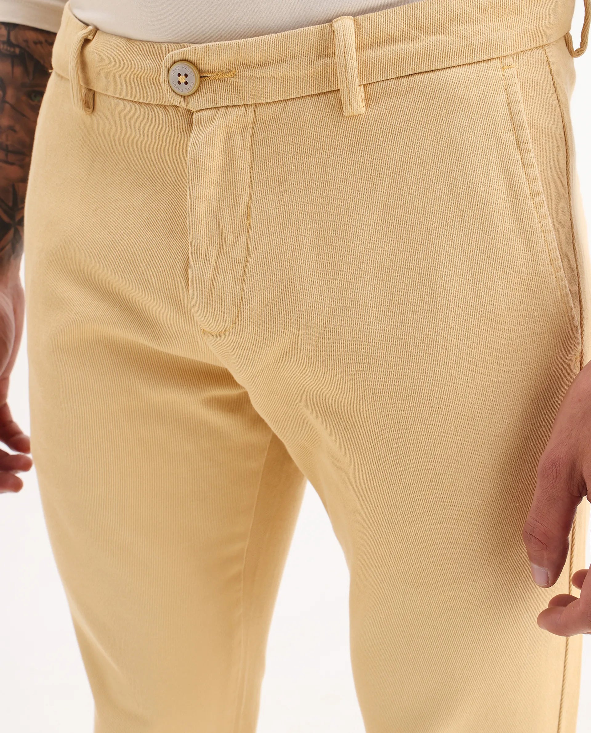 Rare Rabbit Men's Scotch Yellow Cotton Plain Slim Fit Trouser