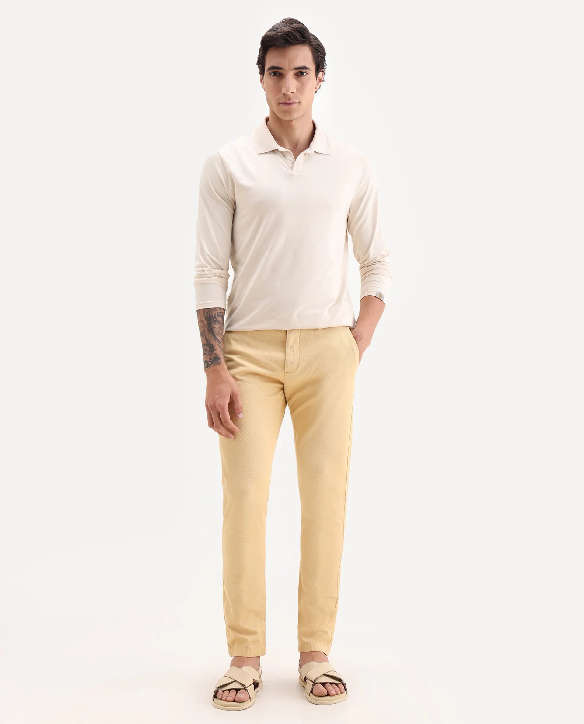 Rare Rabbit Men's Scotch Yellow Cotton Plain Slim Fit Trouser