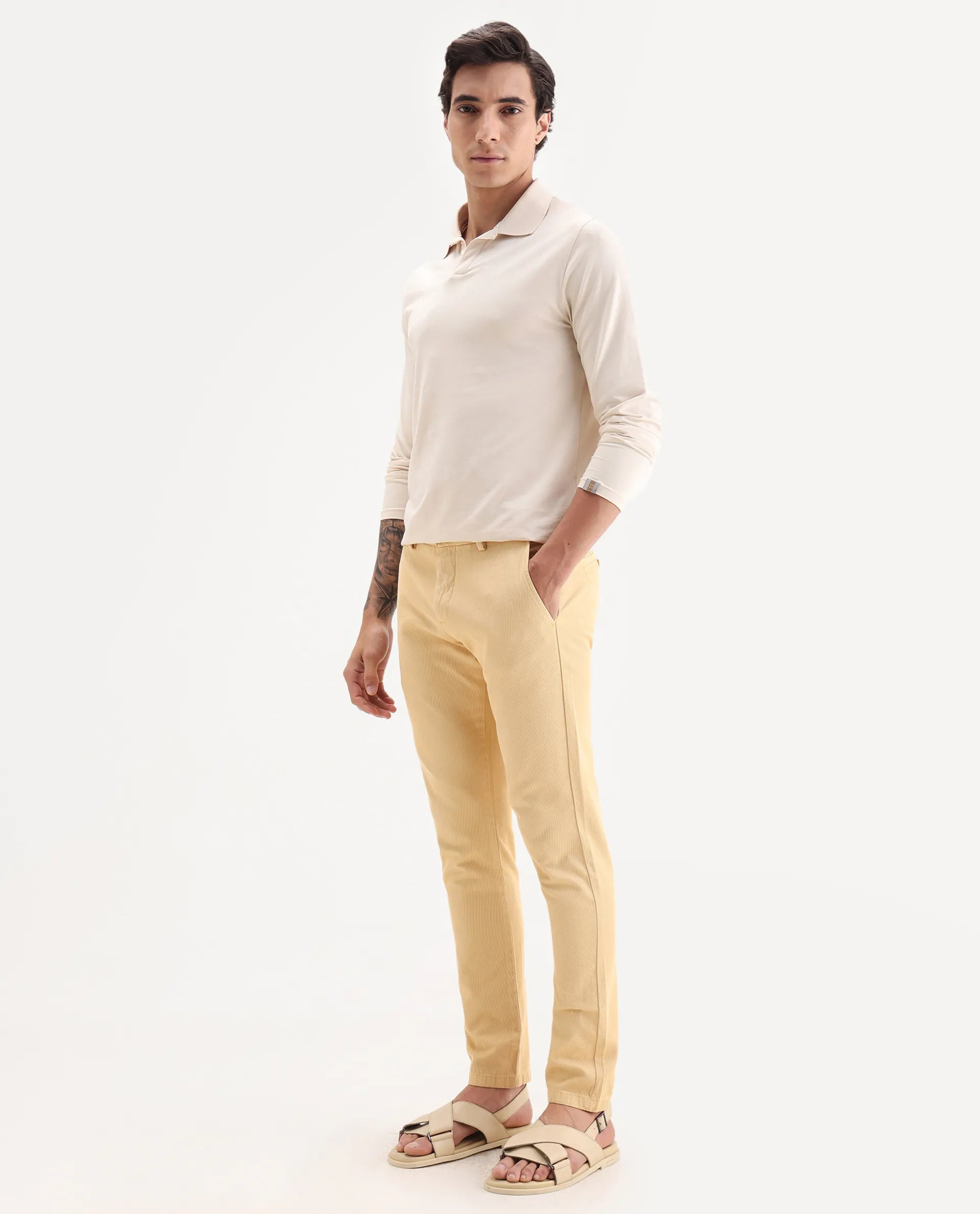 Rare Rabbit Men's Scotch Yellow Cotton Plain Slim Fit Trouser