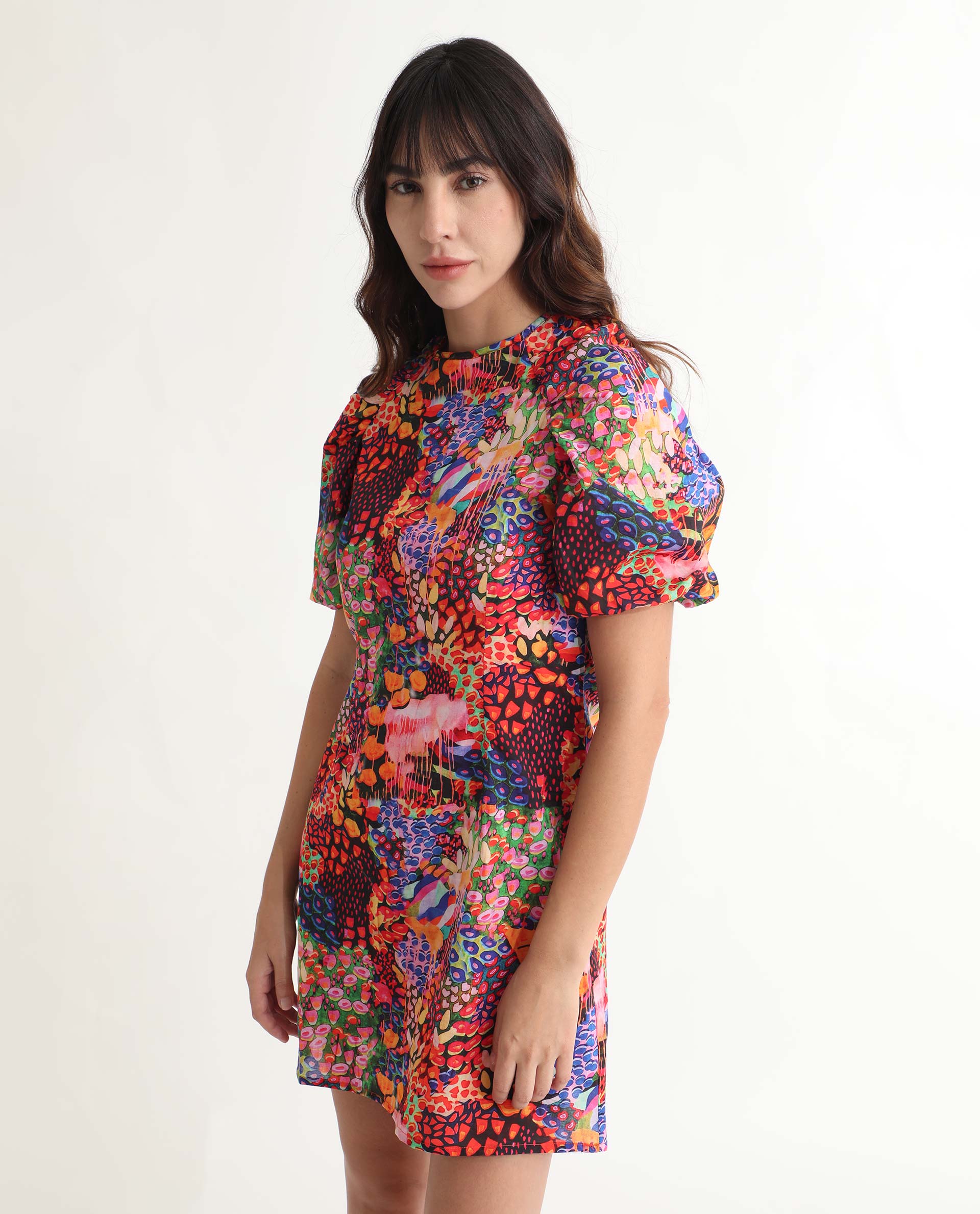 Rareism Women Scott Multi Cotton Fabric Short Sleeves Zip Closure Round Neck Puff Sleeve Slim Fit Floral Print Short Asymmetric Dress