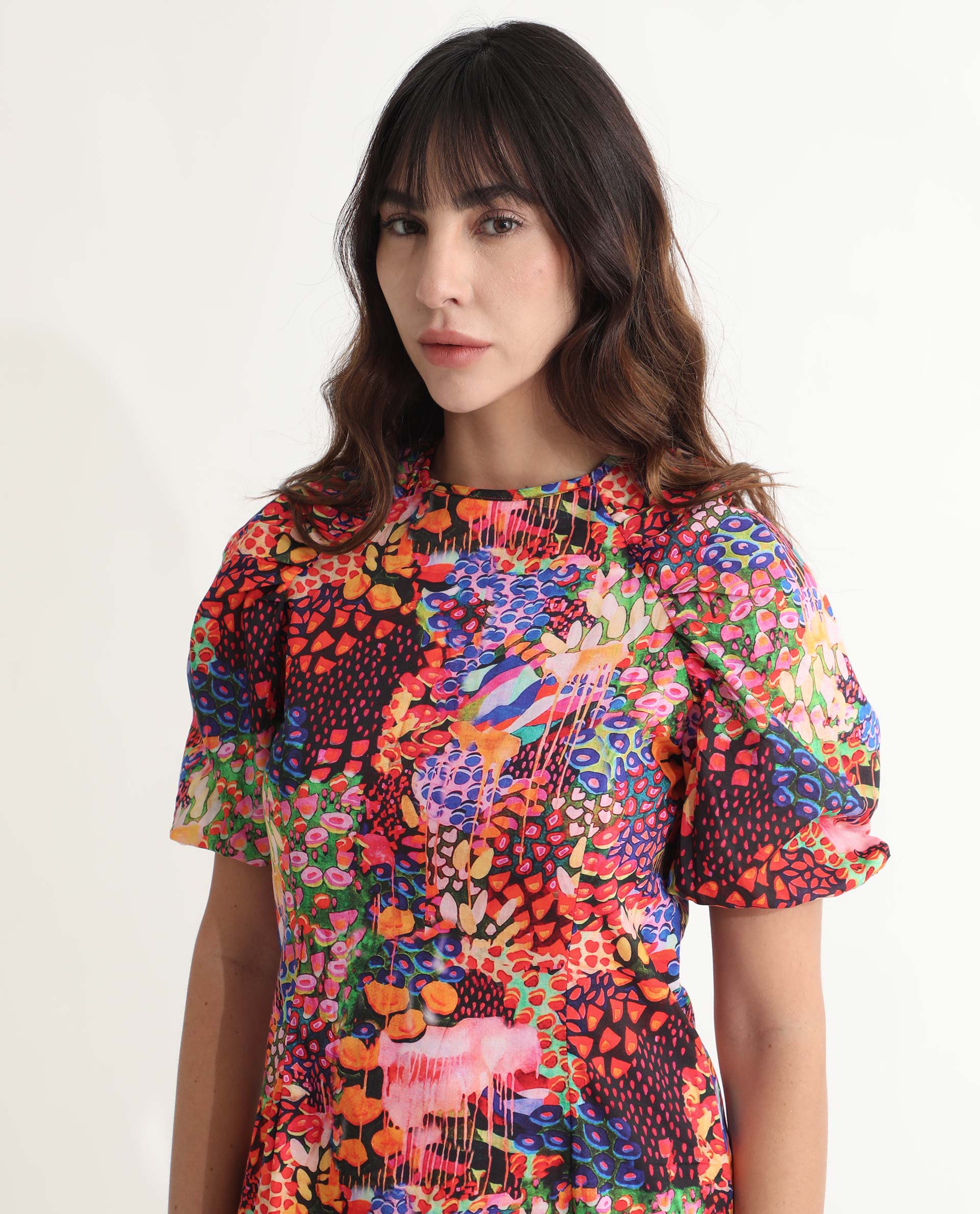 Rareism Women Scott Multi Cotton Fabric Short Sleeves Zip Closure Round Neck Puff Sleeve Slim Fit Floral Print Short Asymmetric Dress