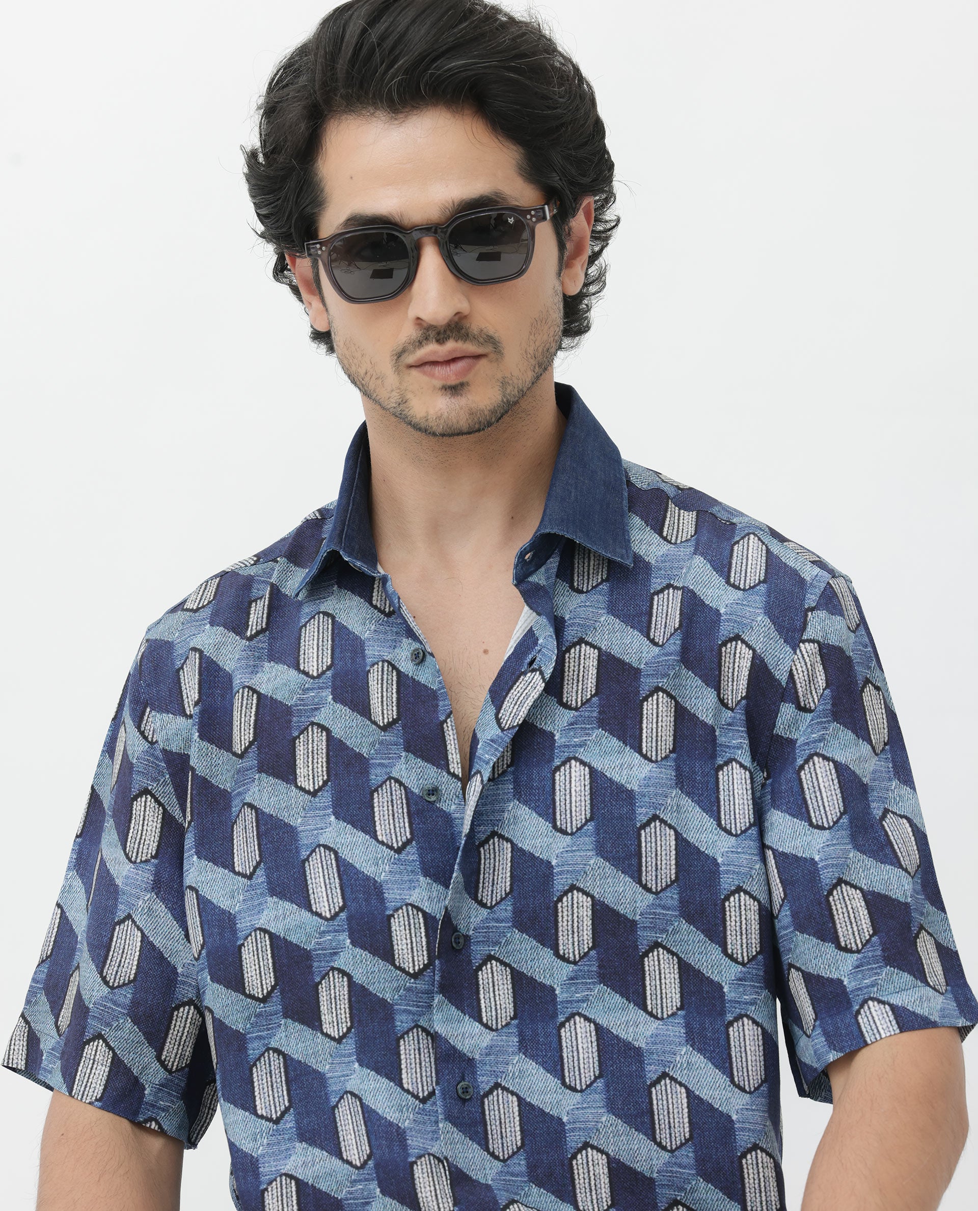 Rare Rabbit Mens Scrafi Dark Blue Viscose Fabric Short Sleeve Boxy Fit Geometric Print Shirt