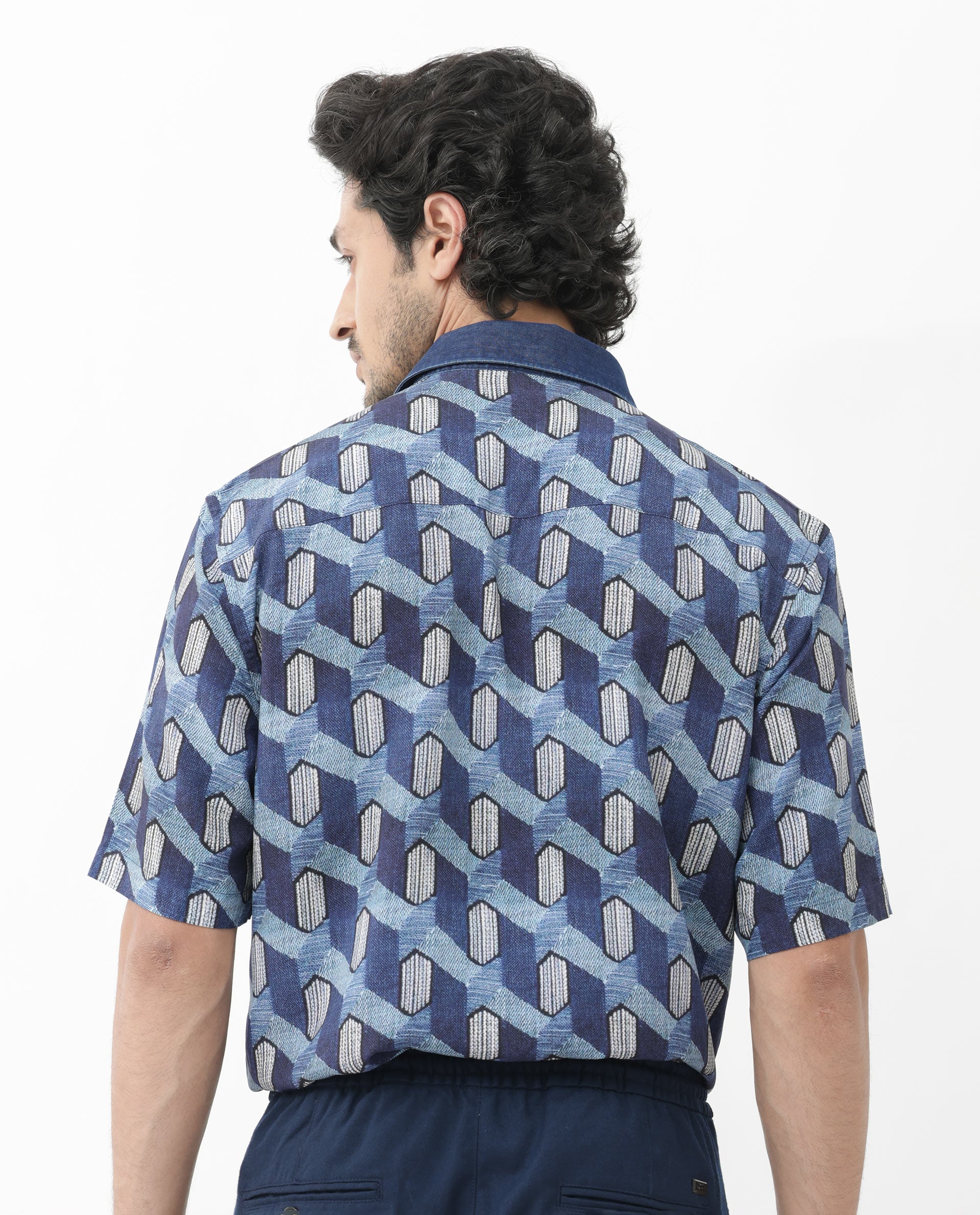Rare Rabbit Mens Scrafi Dark Blue Viscose Fabric Short Sleeve Boxy Fit Geometric Print Shirt