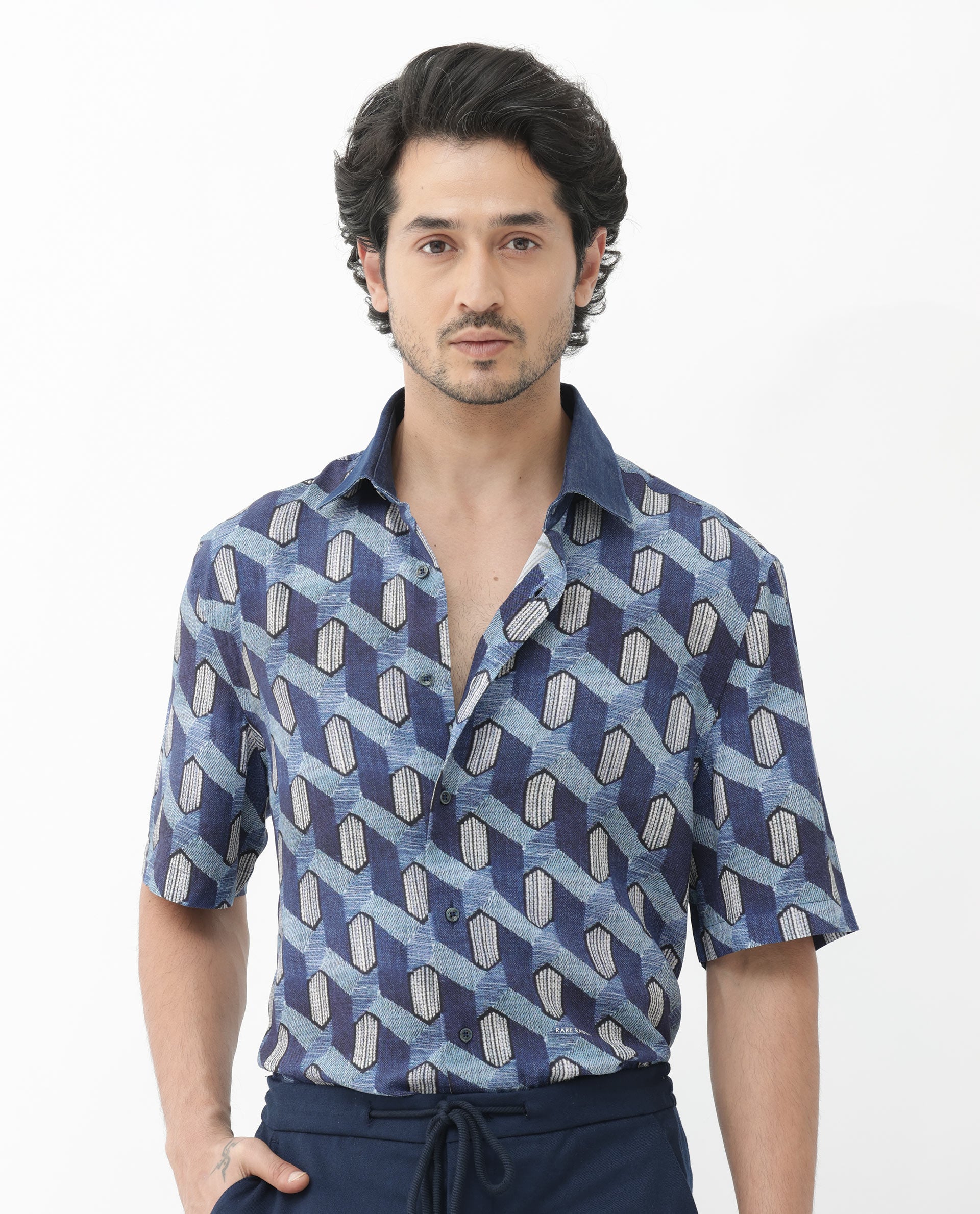 Rare Rabbit Mens Scrafi Dark Blue Viscose Fabric Short Sleeve Boxy Fit Geometric Print Shirt