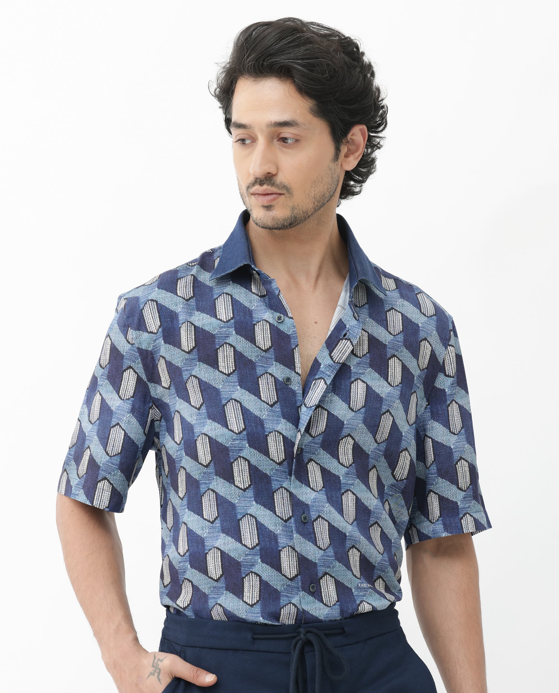 Rare Rabbit Mens Scrafi Dark Blue Viscose Fabric Short Sleeve Boxy Fit Geometric Print Shirt