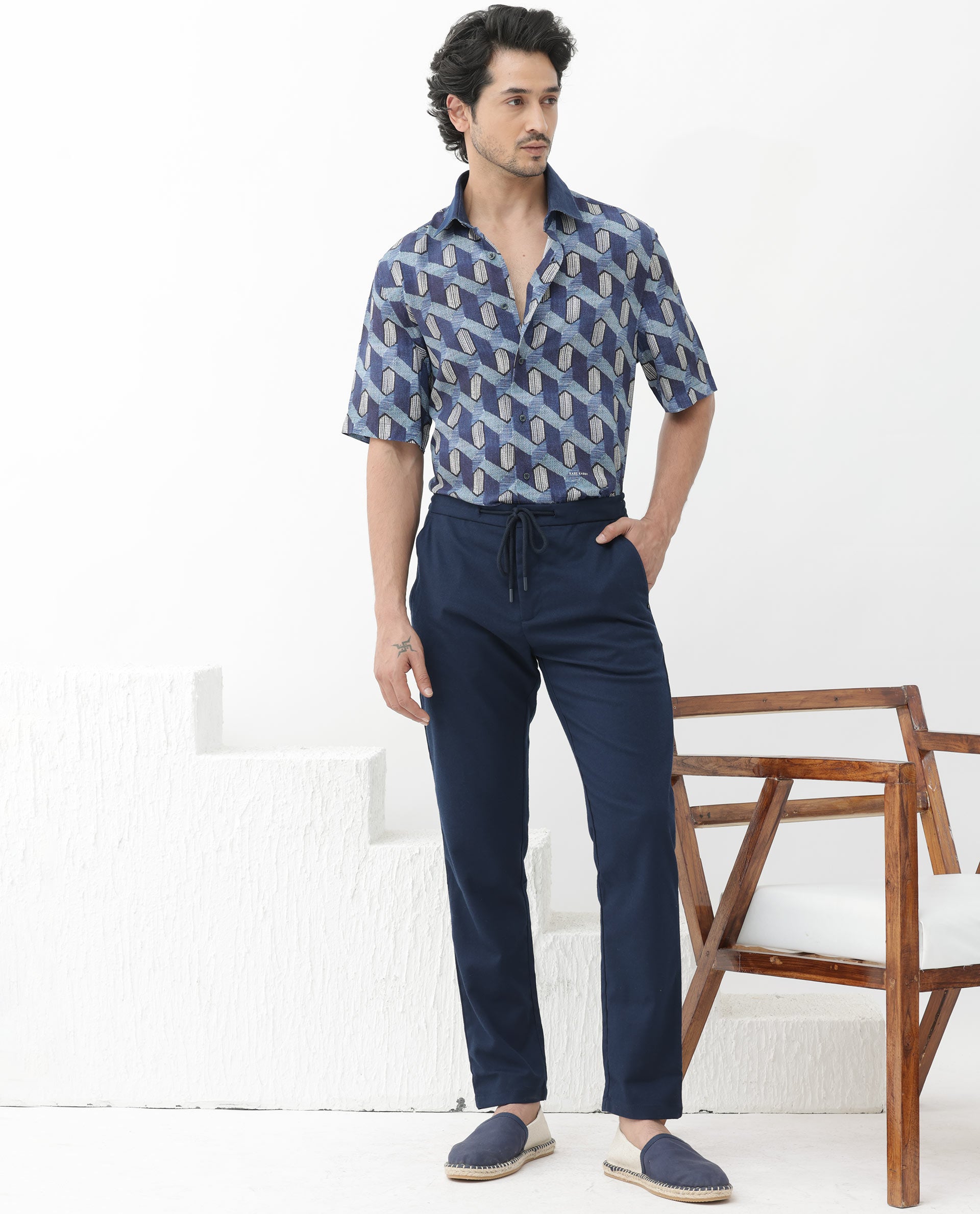 Rare Rabbit Mens Scrafi Dark Blue Viscose Fabric Short Sleeve Boxy Fit Geometric Print Shirt