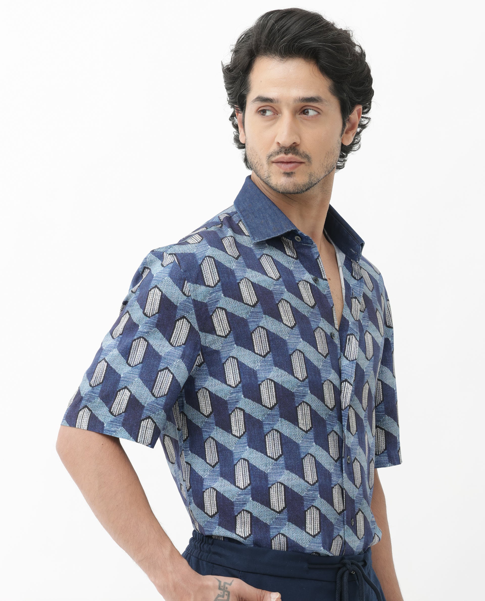 Rare Rabbit Mens Scrafi Dark Blue Viscose Fabric Short Sleeve Boxy Fit Geometric Print Shirt