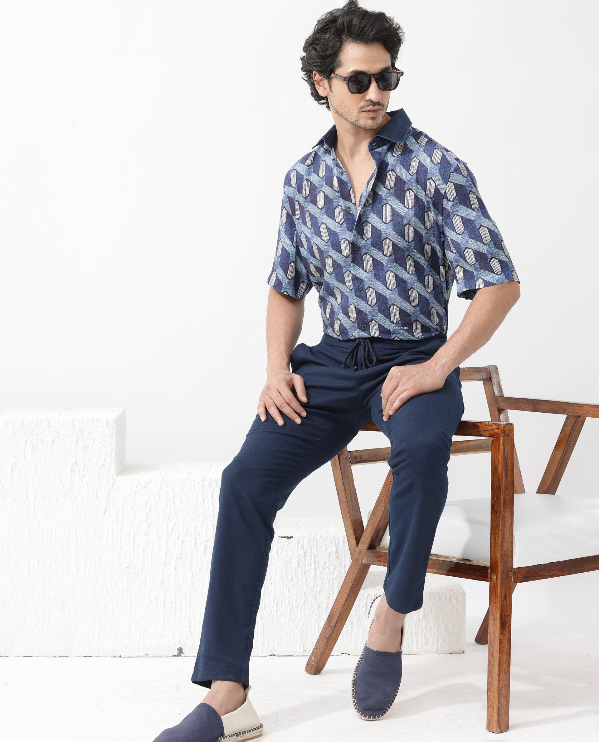 Rare Rabbit Mens Scrafi Dark Blue Viscose Fabric Short Sleeve Boxy Fit Geometric Print Shirt