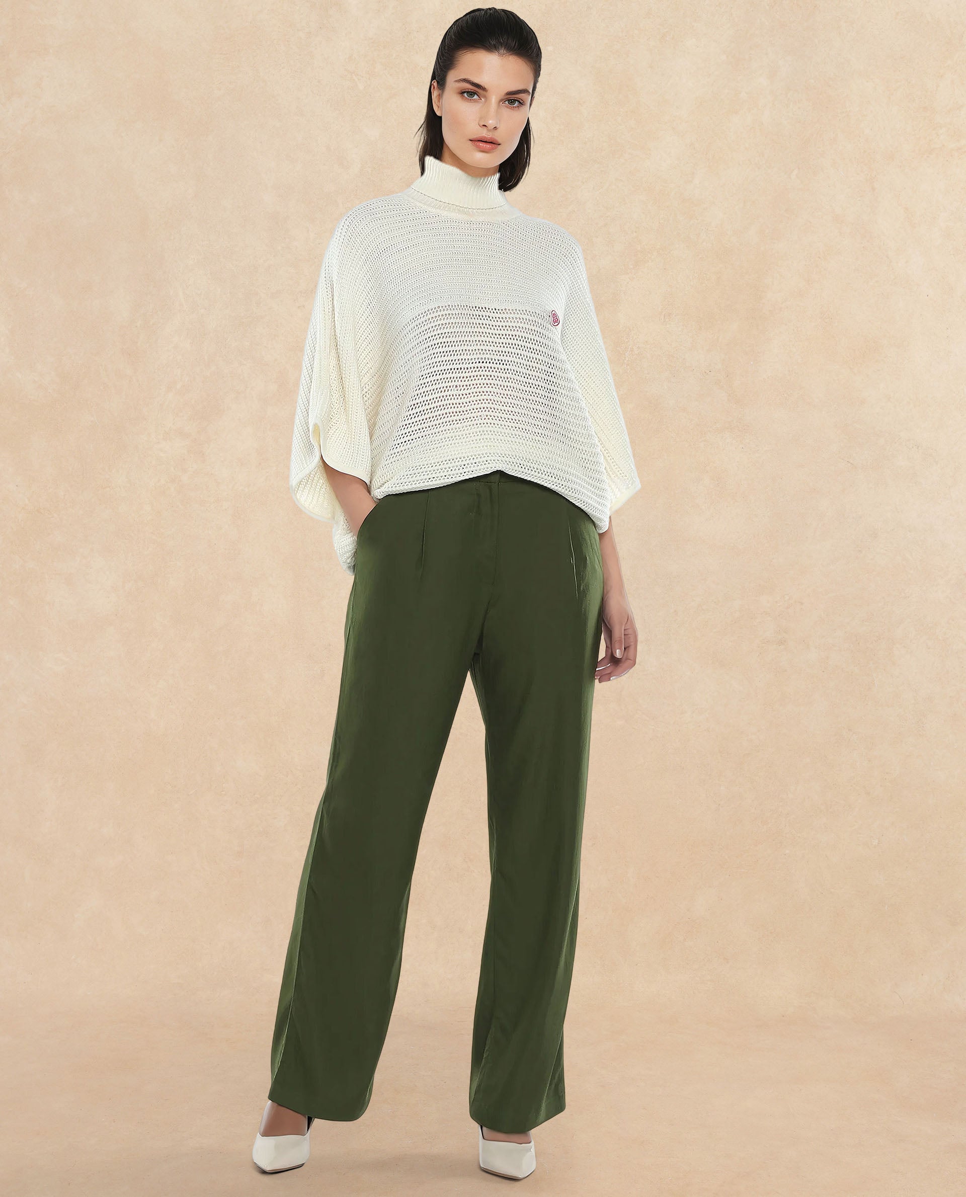 Rareism Women Seanpo Olive Button Closure Ankle Length Plain Trouser