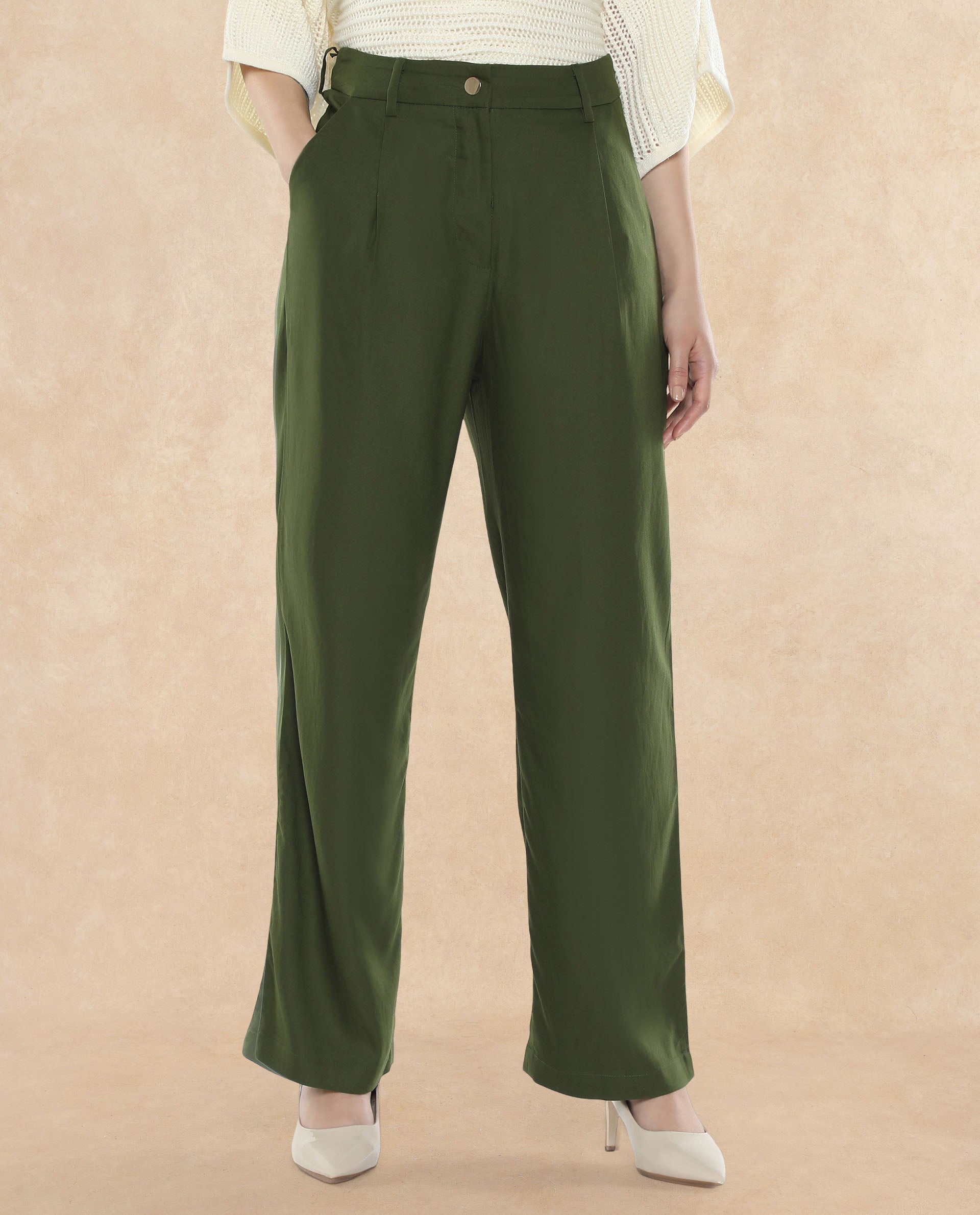 Rareism Women Seanpo Olive Button Closure Ankle Length Plain Trouser